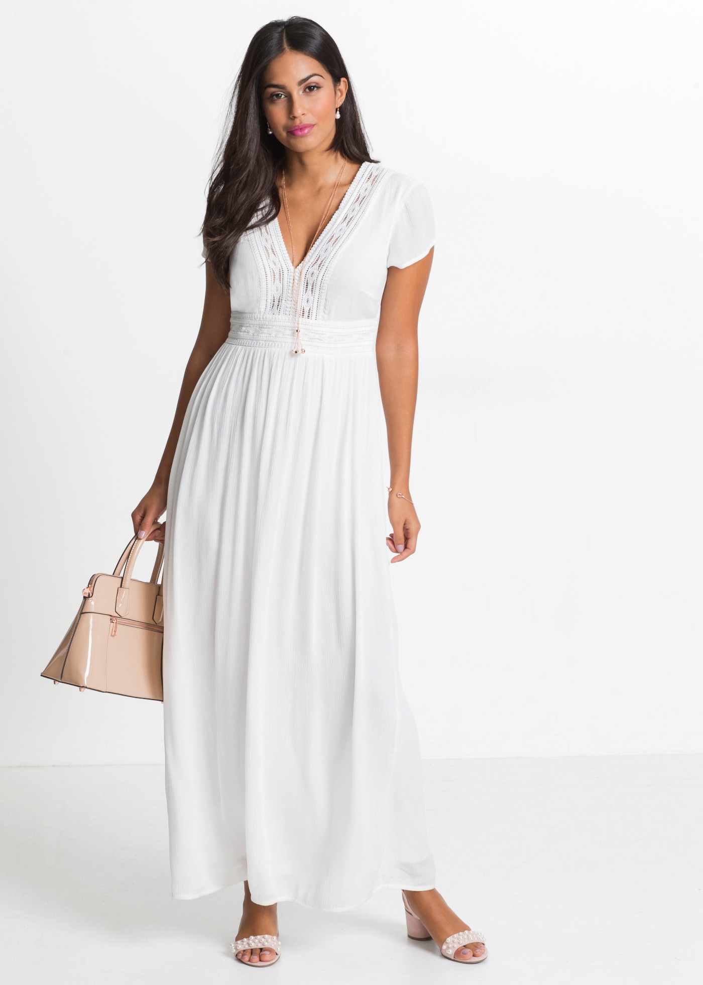 bonprix Maxikleid aus Viskose, mit gehäkelter Spitze, figurumspielende Passform