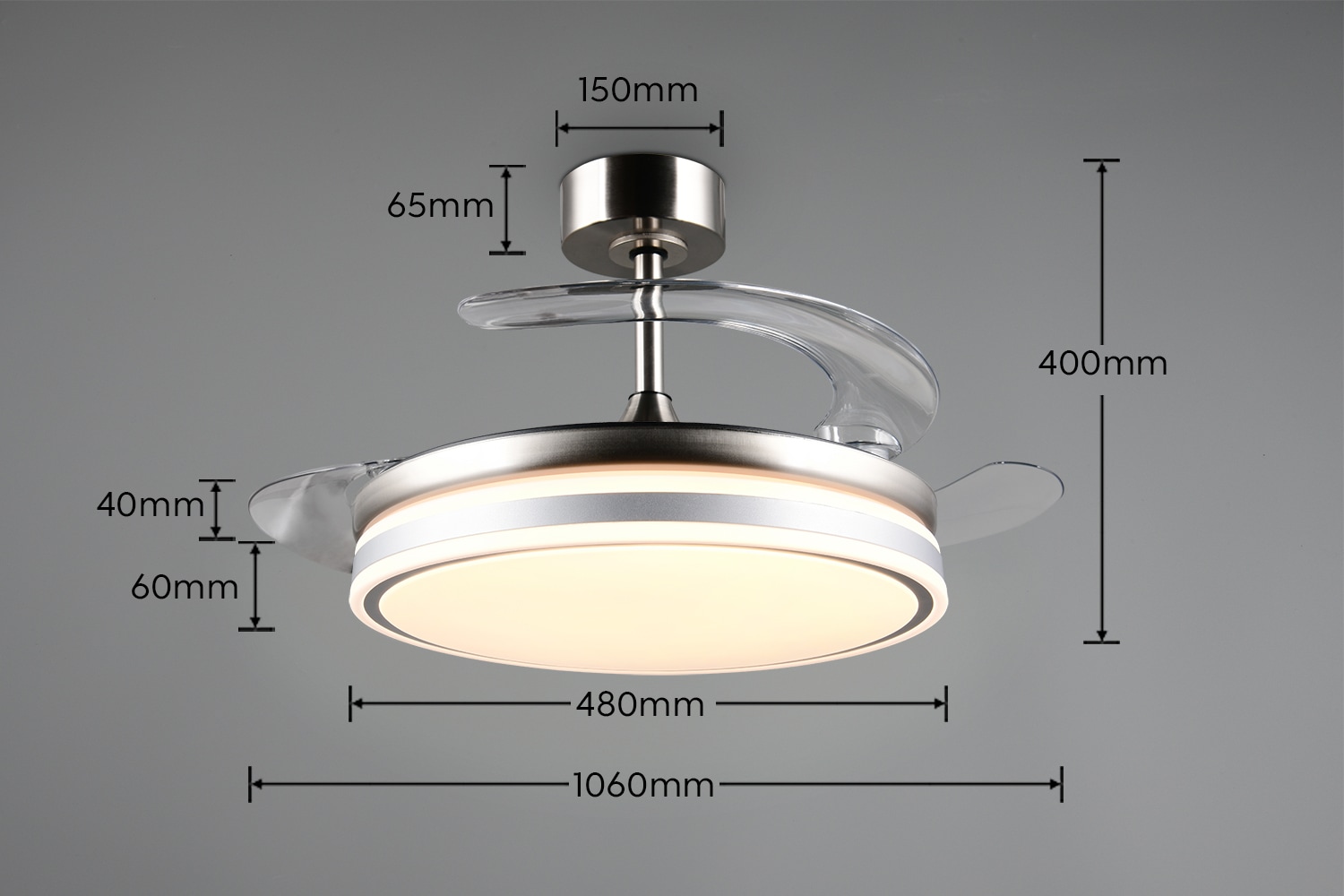 REALITY Leuchten LED Deckenleuchte »VOLDA mit Ventilator, Deckenventilator mit ausklappbaren Flügeln 30W« LED-Board 1 Stk. Farbwechsler | warmweiß - kaltweiß Ø 49-106 cm (aufgeklappt), 6 Stufen, LED 30W CCT dimmbar Timer Fernb.