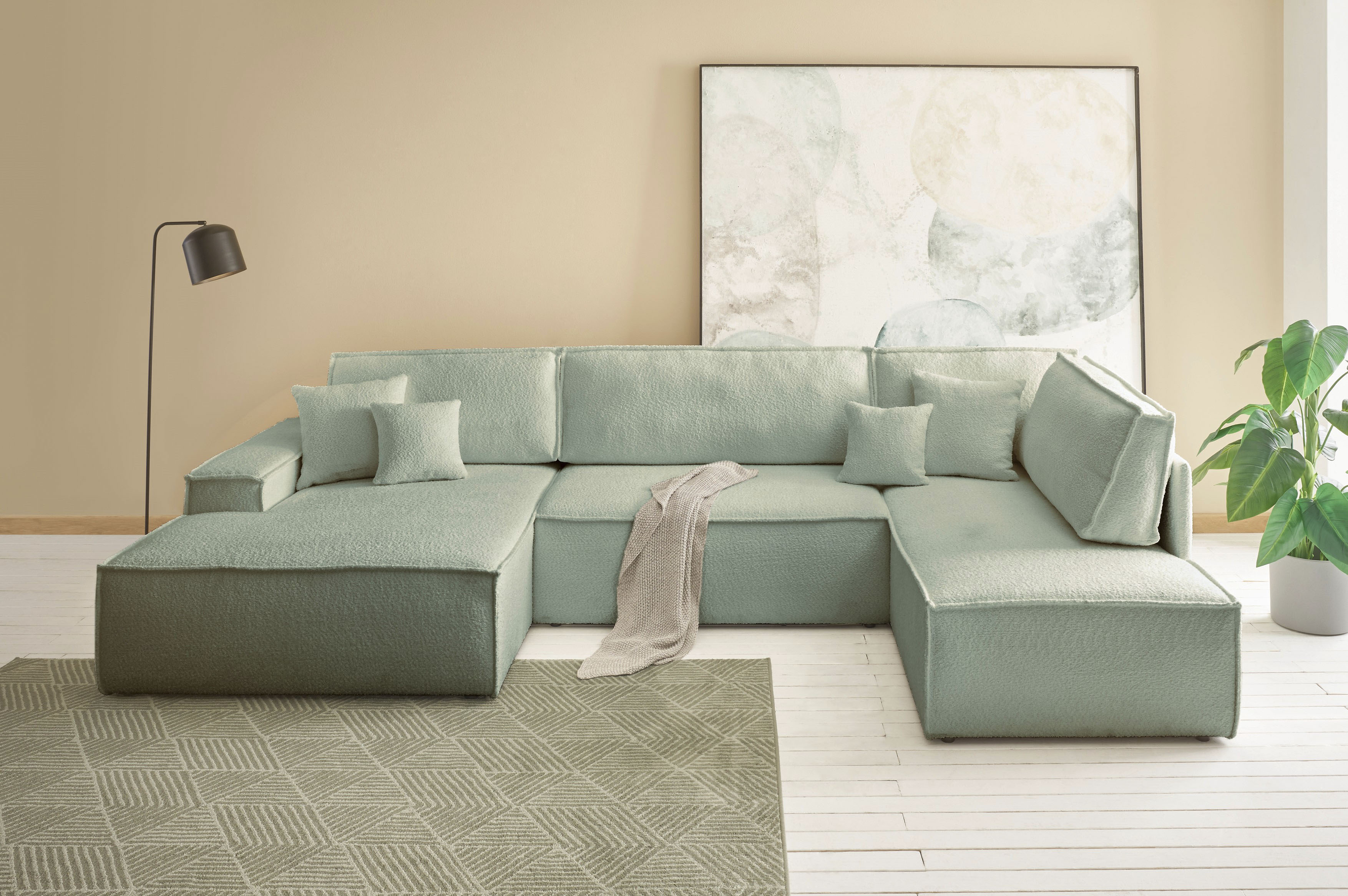 OTTO home Wohnlandschaft "FINNLEY Bouclé U-Form XXL 329 cm - OTTO. Verlässliche Qualität." Schlafsofa, Bettkasten, in Bouclé, Struktur fein und Mega Cord