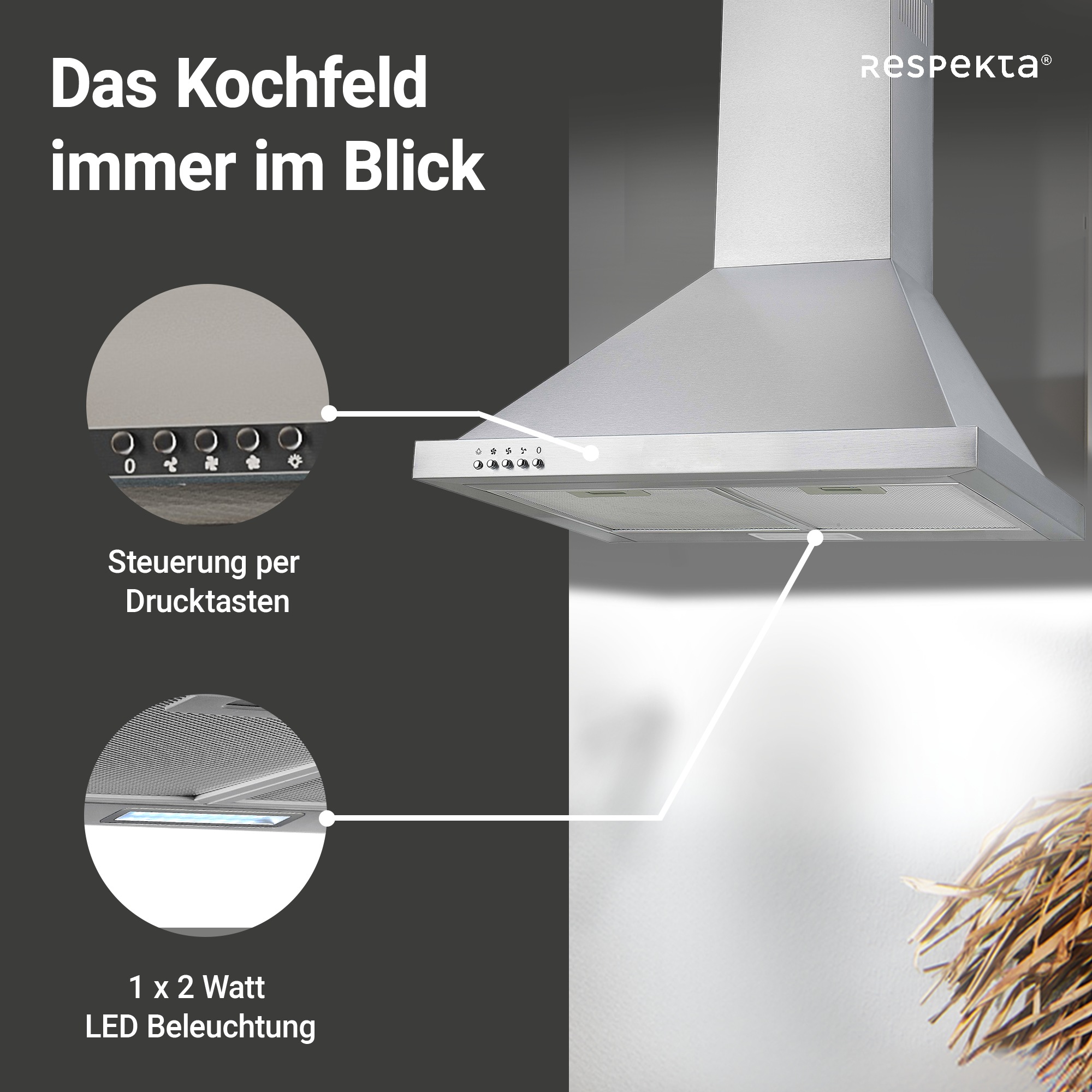 RESPEKTA Kaminhaube »CH 22078 IXB« Serie Dalia 60 cm, 3 Leistungsstufen, LED-Beleuchtung, Ab- und Umluftfähig