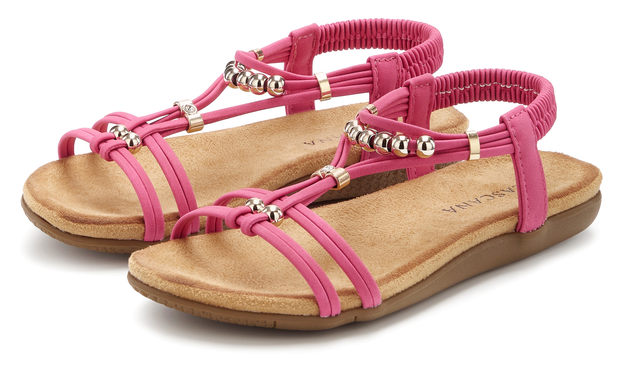 LASCANA Sandale "Sommerschuh, offener Schuh," NEU mit elastischen Riemchen und kleinen Perlenelementen VEGAN