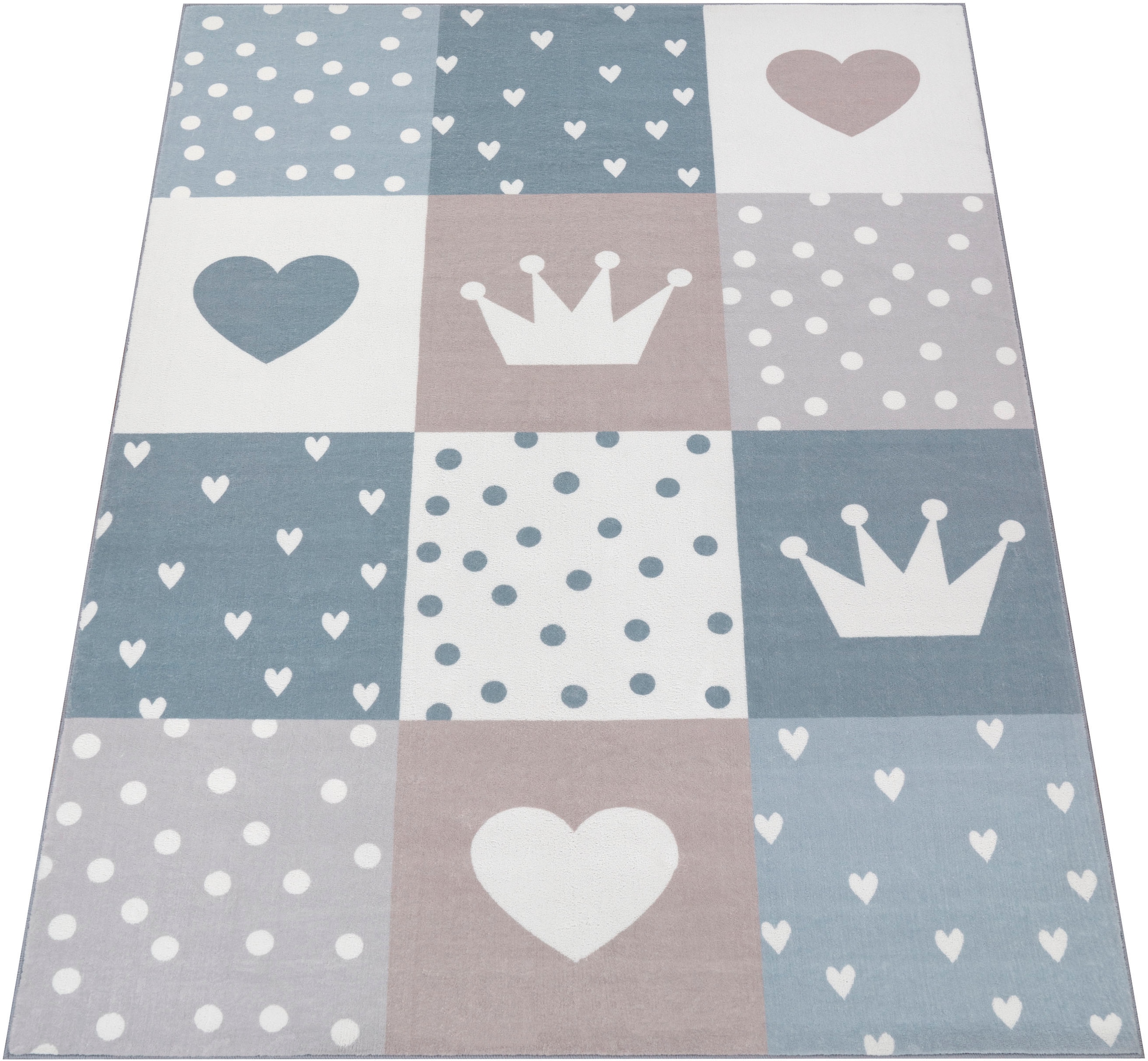 Paco Home Kinderteppich »Eliz 391«, rechteckig, Kurzflor, Spielteppich, Patchwork-Muster, Motiv Krone, Herz & Punkte