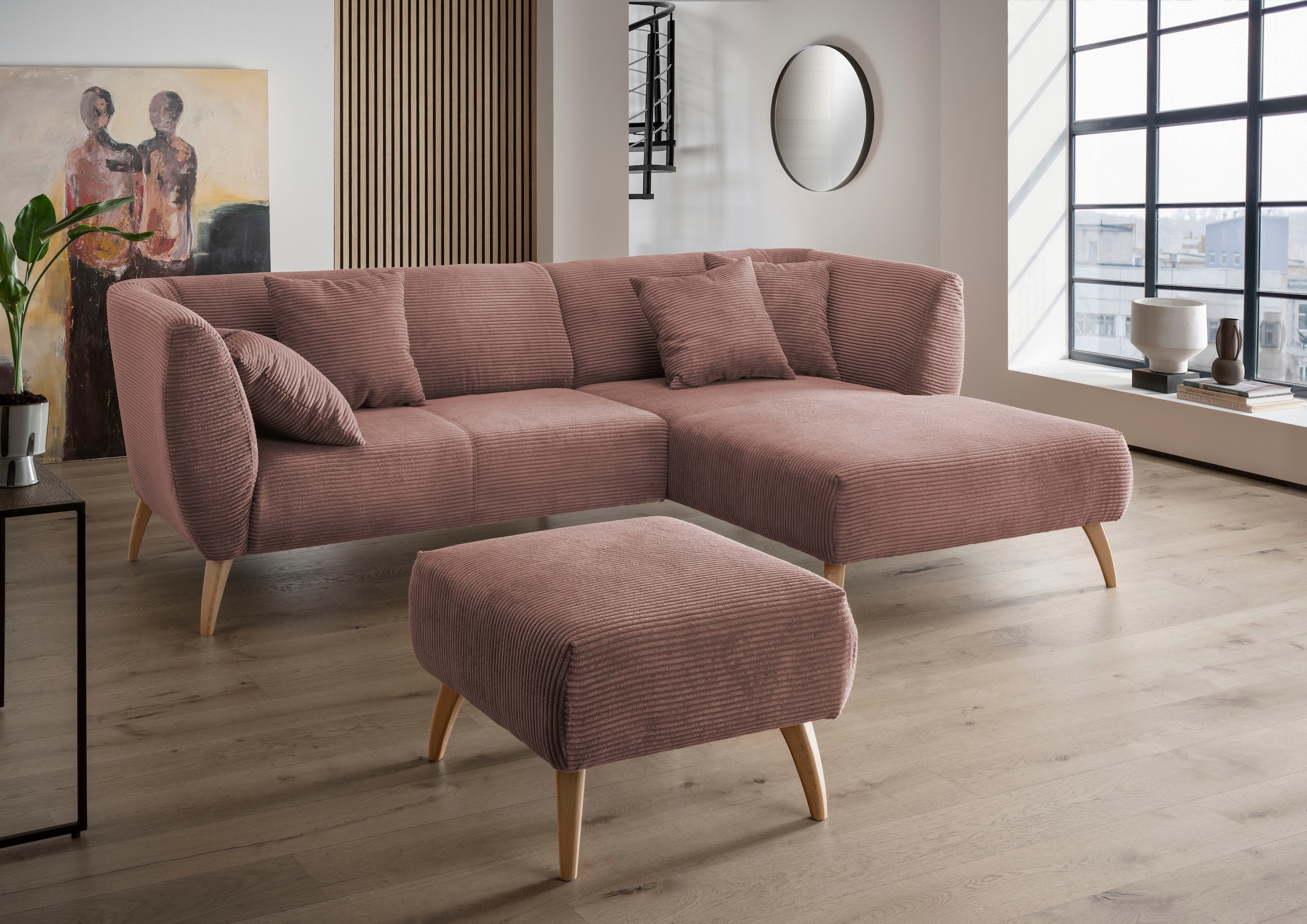 INOSIGN Ecksofa "Colori L-Form", Holzfußfarbe wählbar, inkl. 4x Zierkissen günstig online kaufen