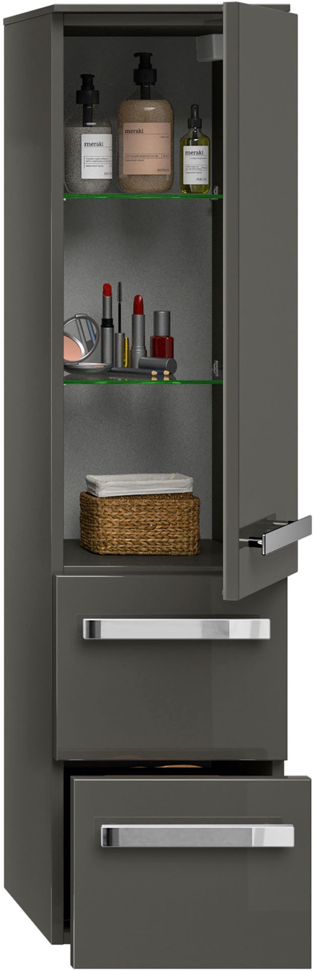 Saphir Badmöbel-Set »Serie 4005, vormontiert, Glaswaschbecken, Spiegelschrank«, (Set, 5 St.), Badezimmer Set 92 cm breit, inkl. Türdämpfer, 3 Türen, 2 Schubladen