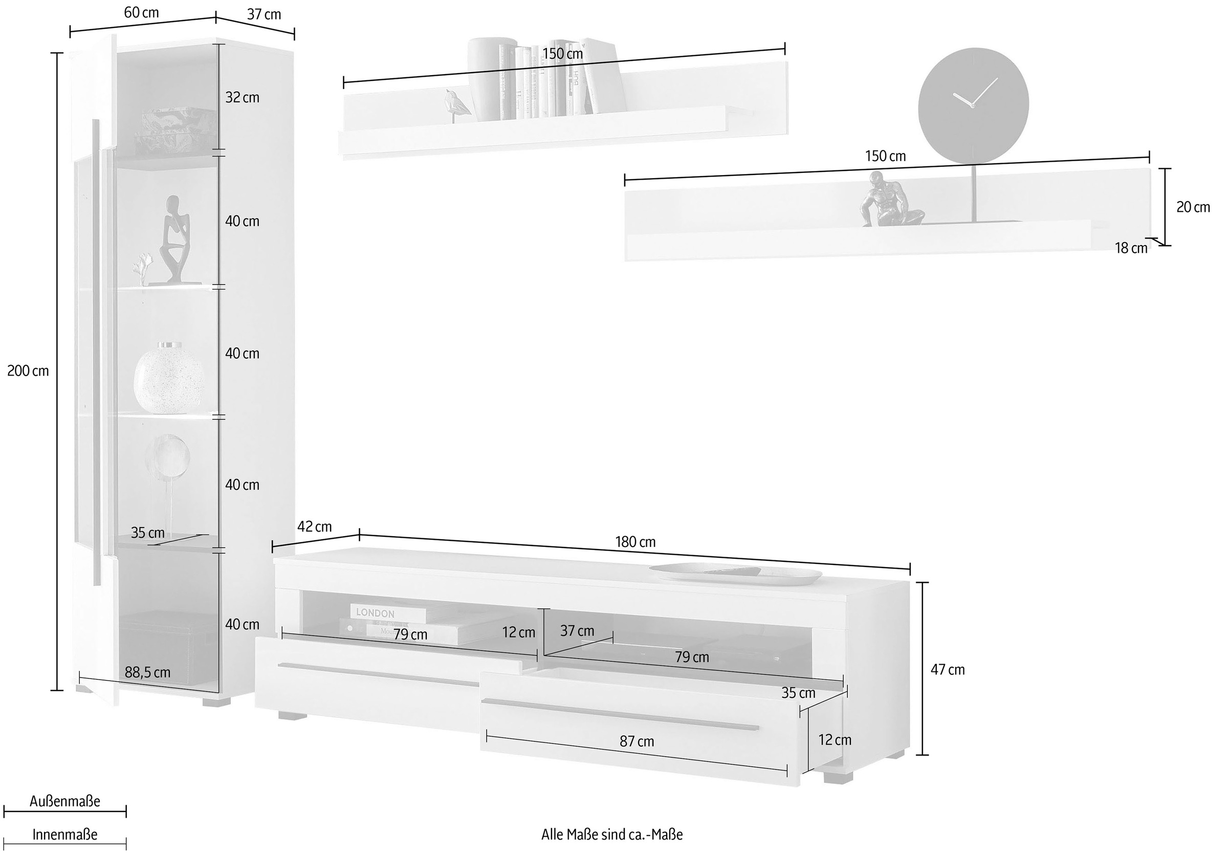 INOSIGN Wohnwand »Cantara, moderne Anbauwand, Wohnzimmer-Set, in Eiche Evoke oder Weiß«, (Set), enthält eine Vitrine, ein Lowboard und zwei Wandboards