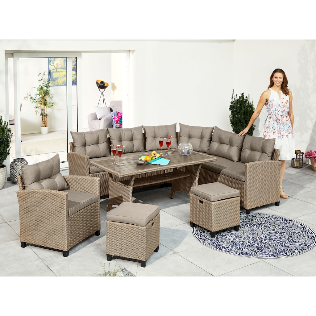 KONIFERA Gartenlounge-Set »Keros Premium«, (Set, 20 tlg., 2x 2er Sofa, 1x Ecke, 1x Sessel, 2x Hocker, 1x Tisch 145x75x67,5cm)