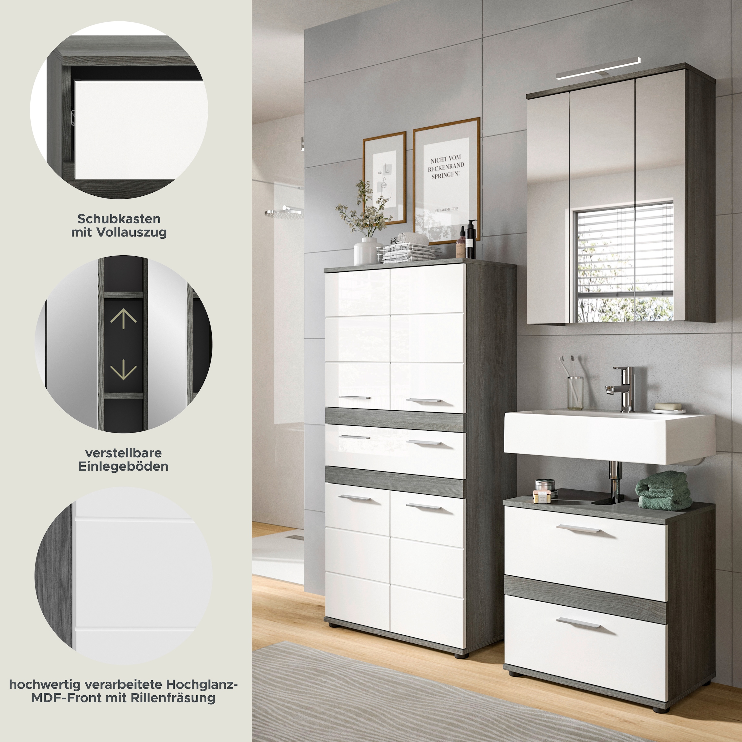 welltime Badmöbel-Set »LUCCA, 3-tlg. Badkombination, viel Stauraum, modernes Design« 3 Stk. tlg.