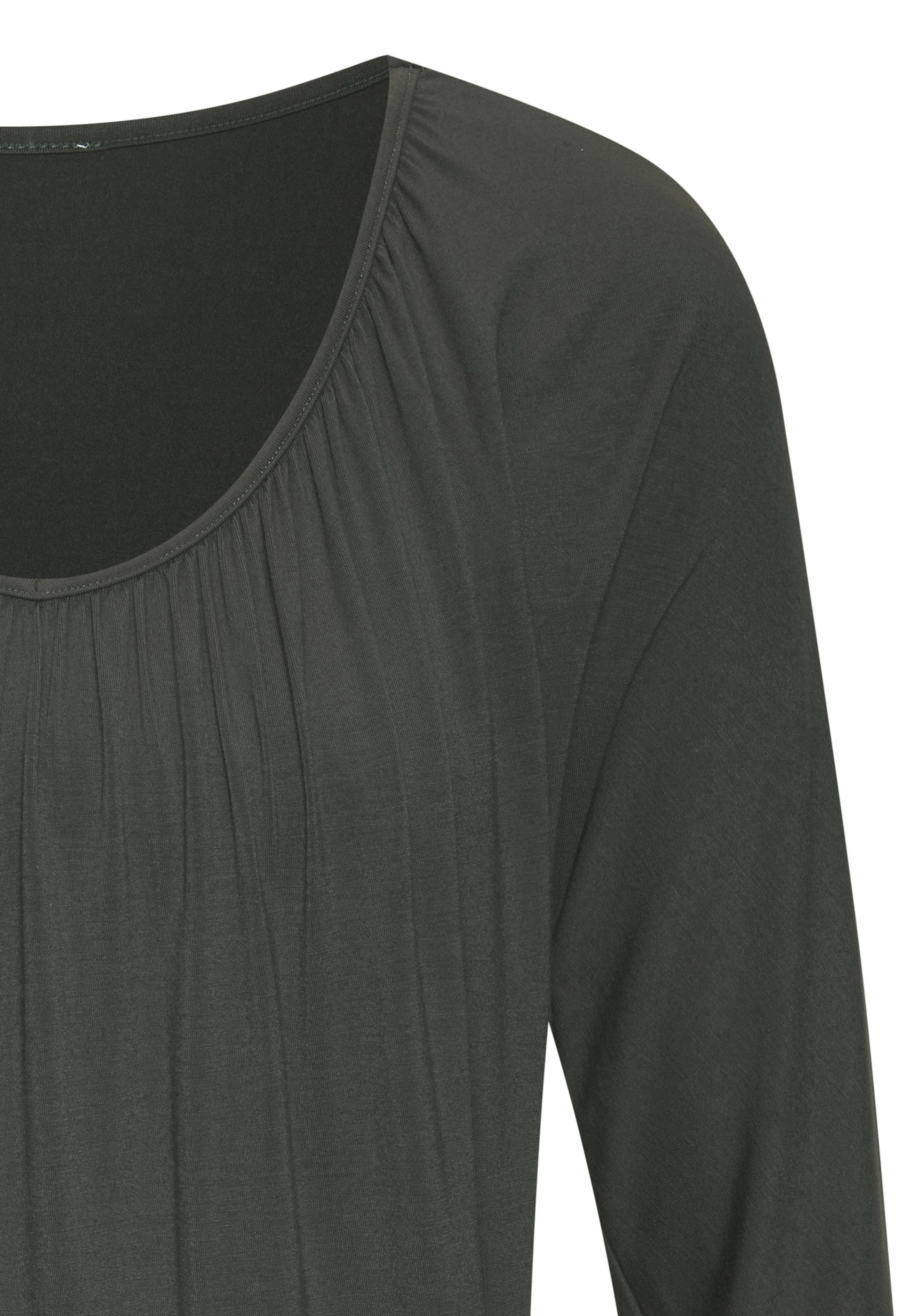 3/4-Arm-Shirt LASCANA "mit zarter Raffung am Ausschnitt", Damen, Gr. 40/42, grau (graugrün), Jersey, Obermaterial: 95% Viskose (LENZING™ ECOVERO™), 5% Elasthan, unifarben, Basic, figurumspielend normal, V-Ausschnitt, angeschnitten Umschlagsaum, Shirts 3/4 3