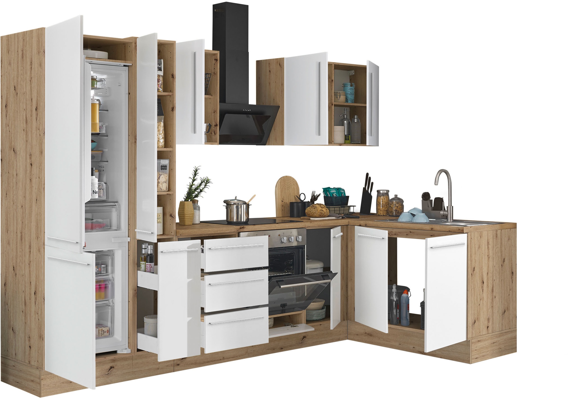KOCHSTATION Winkelküche »Florida, Stellbreite 300x165 cm«, wahlweise mit E-Geräten, mit Softclose für Türen und Schubkästen
