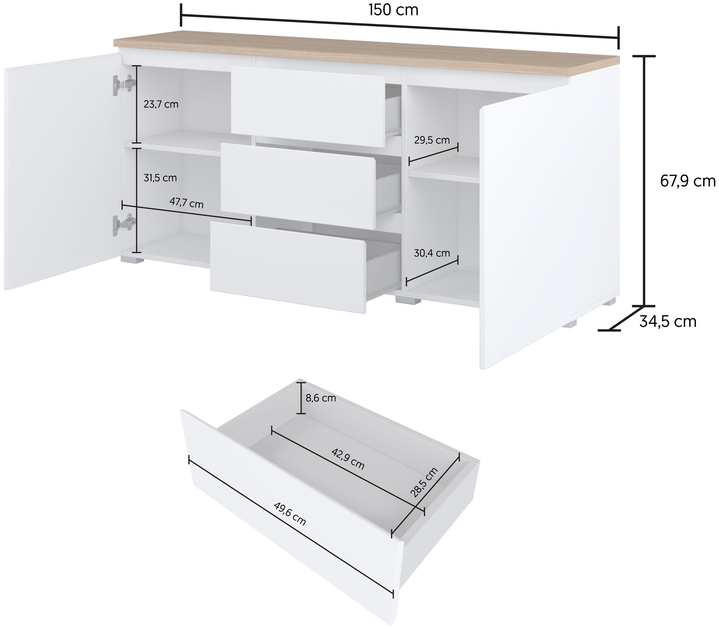 INOSIGN Sideboard »Modo, Breite 150 cm, moderne grifflose Kommode 2Türen/3 SK«, Schubladenkommode mit viel Stauraum, Einlegeböden verstellbar