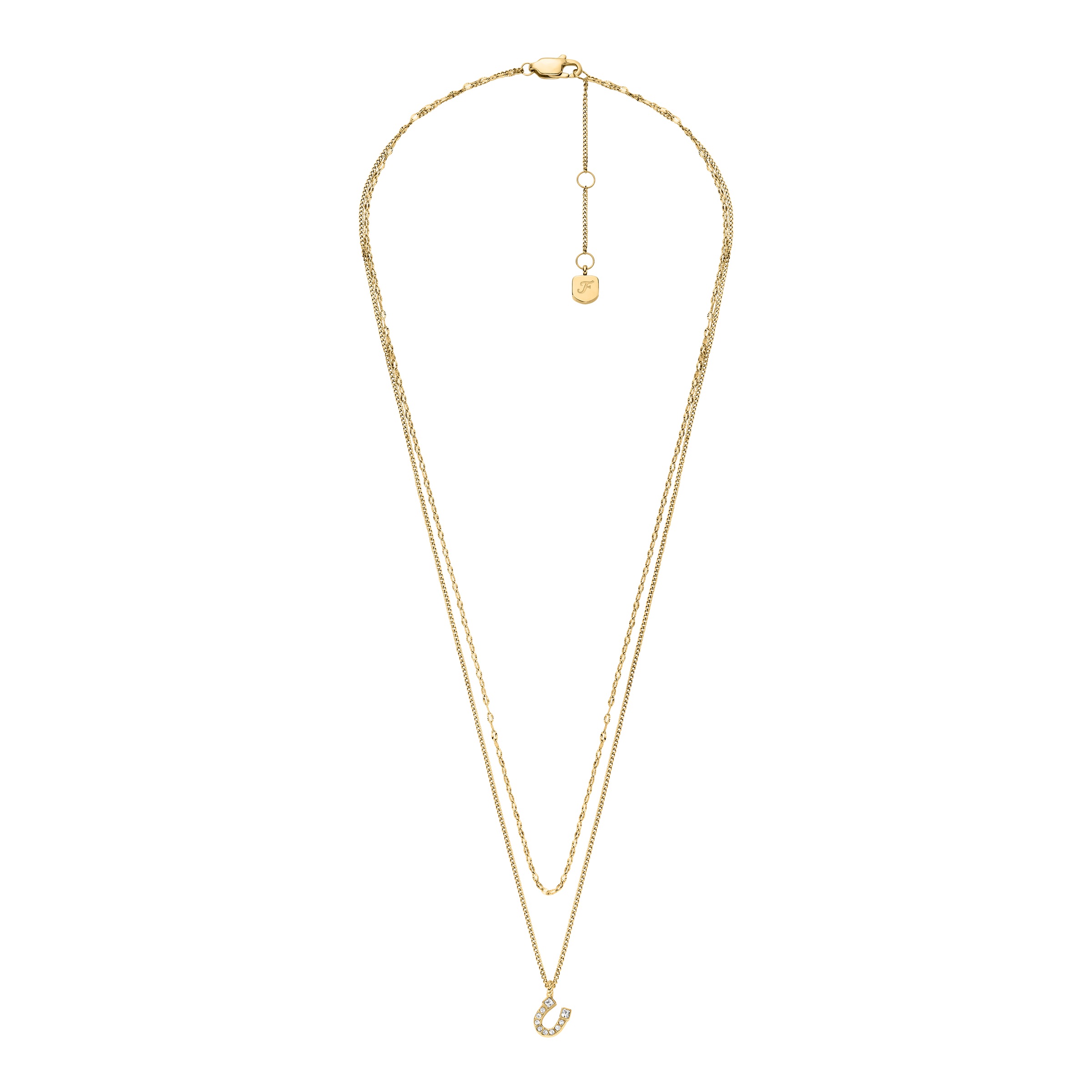Kette mit Anhänger FOSSIL "Schmuck Geschenk Edelstahl SUTTON", gold (gelbgoldfarben, kristallweiß), Halsketten, Damen, Edelstahl, L: 45,5 B: 2mm, mit Glasstein, B:2mm 5