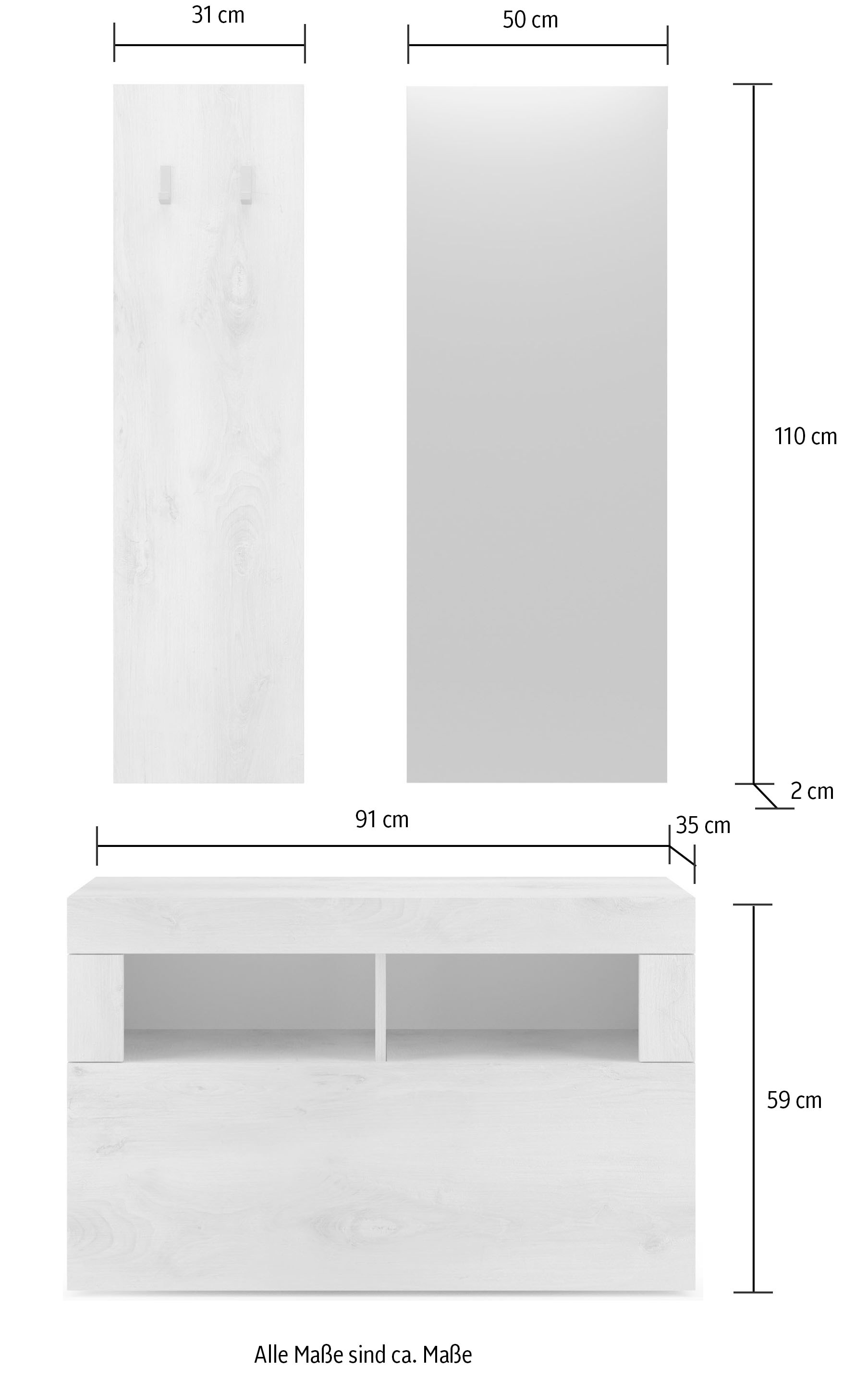 INOSIGN Garderoben-Set »Basic 3tlg. Breite 91 cm, Höhe 187 cm, Wandgarderobe«, (3 St.), (Schuhbank, Garderobenpaneel, Spiegel), Pinie Weiss NB