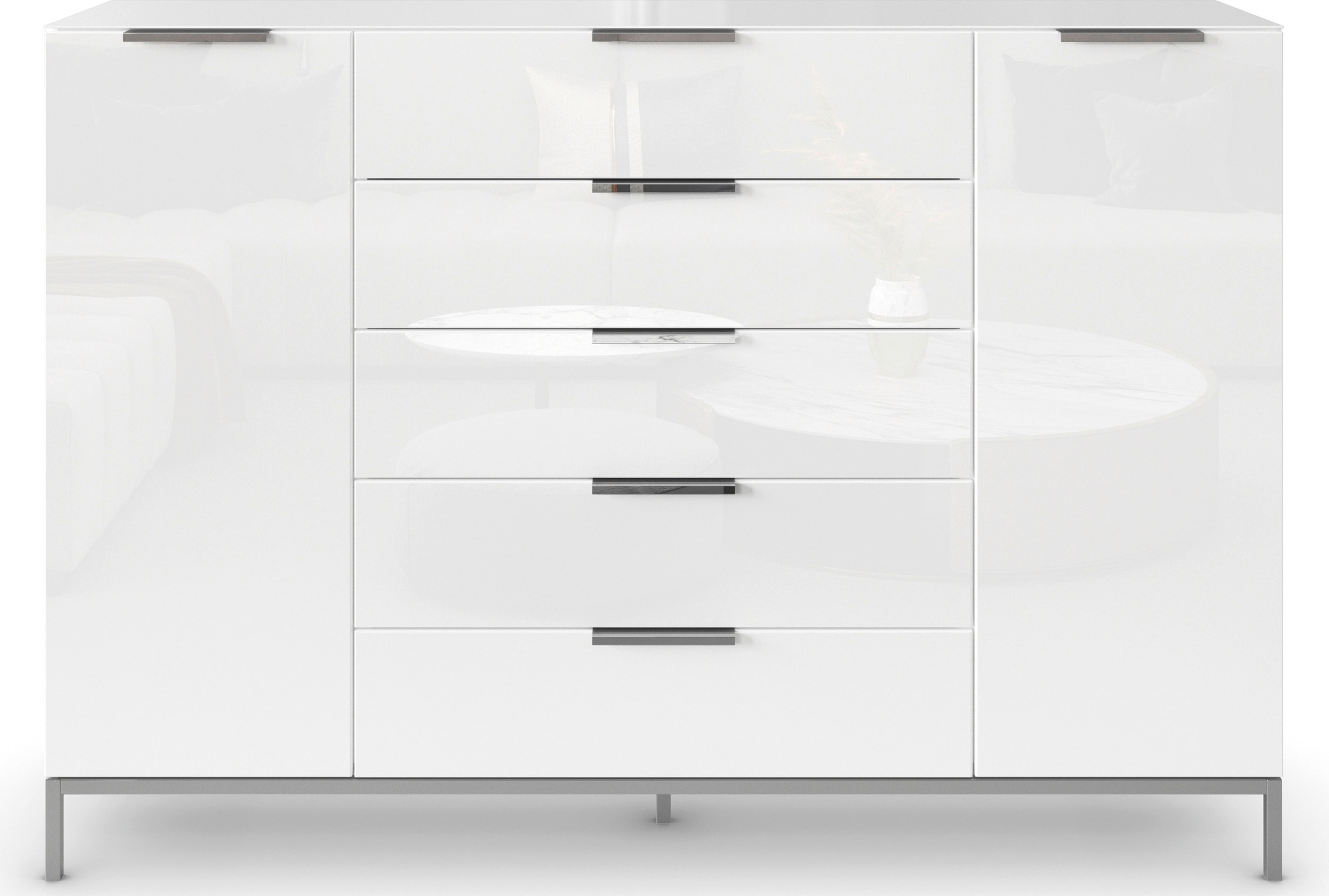 rauch Schubkastenkommode »Kommode Türkommode Sideboard Kombikommode FLIPP mit Glasfront«, (Breite 160/180 cm mit 4 Einlegeböden), 2-türig, 5 Schubladen, Soft-Close, Oberboden und Front Glas, 2 Breiten