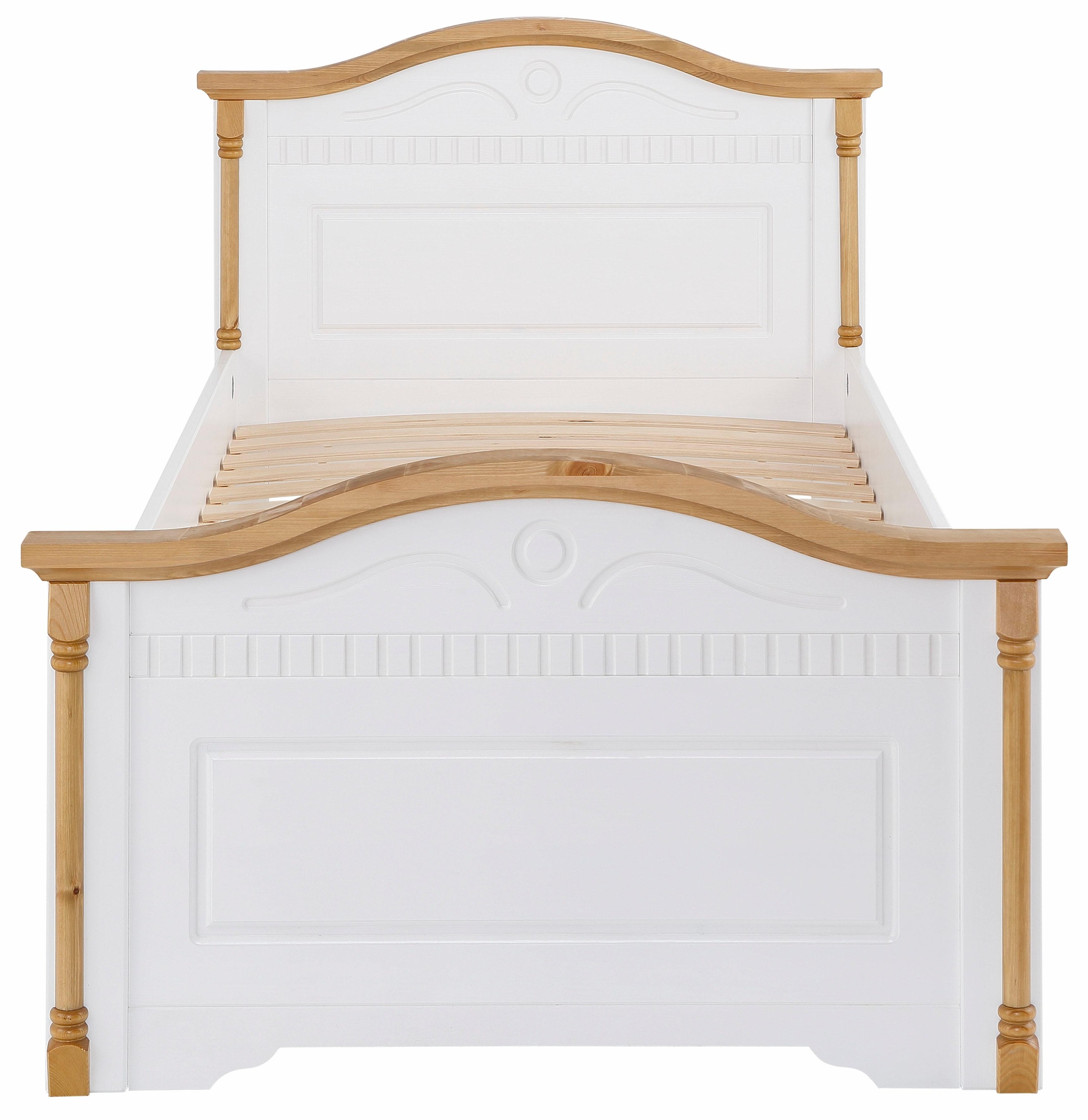 Home affaire Massivholzbett »Graz, hohe Belastbarkeit, klassischer Landhausstil, FSC® zertifiziert«, (Breite/Belastbarkeit 180cm/220 KG, 90cm/=120KG), mit dekorativen Fräsungen, inklusive Lattenrost