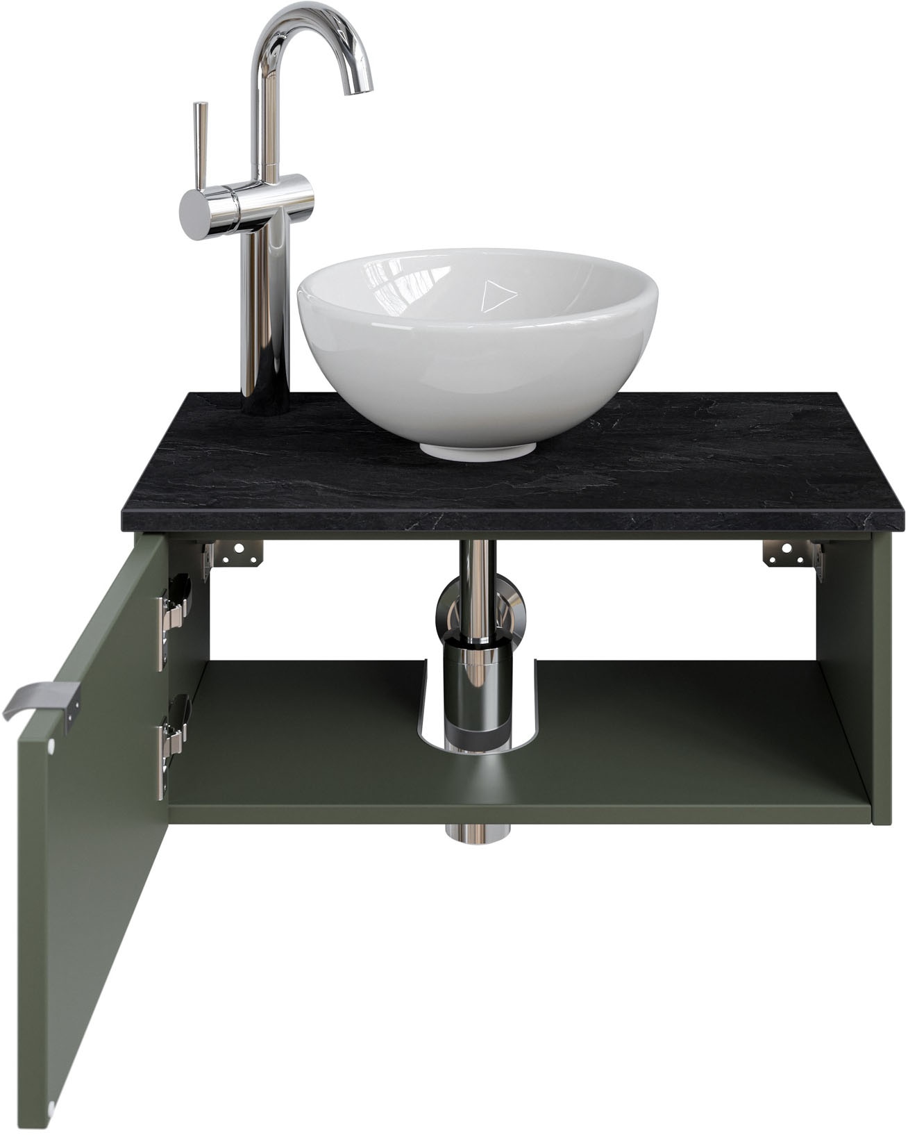 Saphir Waschtisch »Serie 6915 Waschschale mit Unterschrank für Gästebad, Gäste WC« Keramik-Aufsatzbecken, Waschtischplatte, Waschtischunterschrank, 3 Stk. tlg. 61 cm mit Keramik-Aufsatzbecken, 1 Tür und 1 Fach