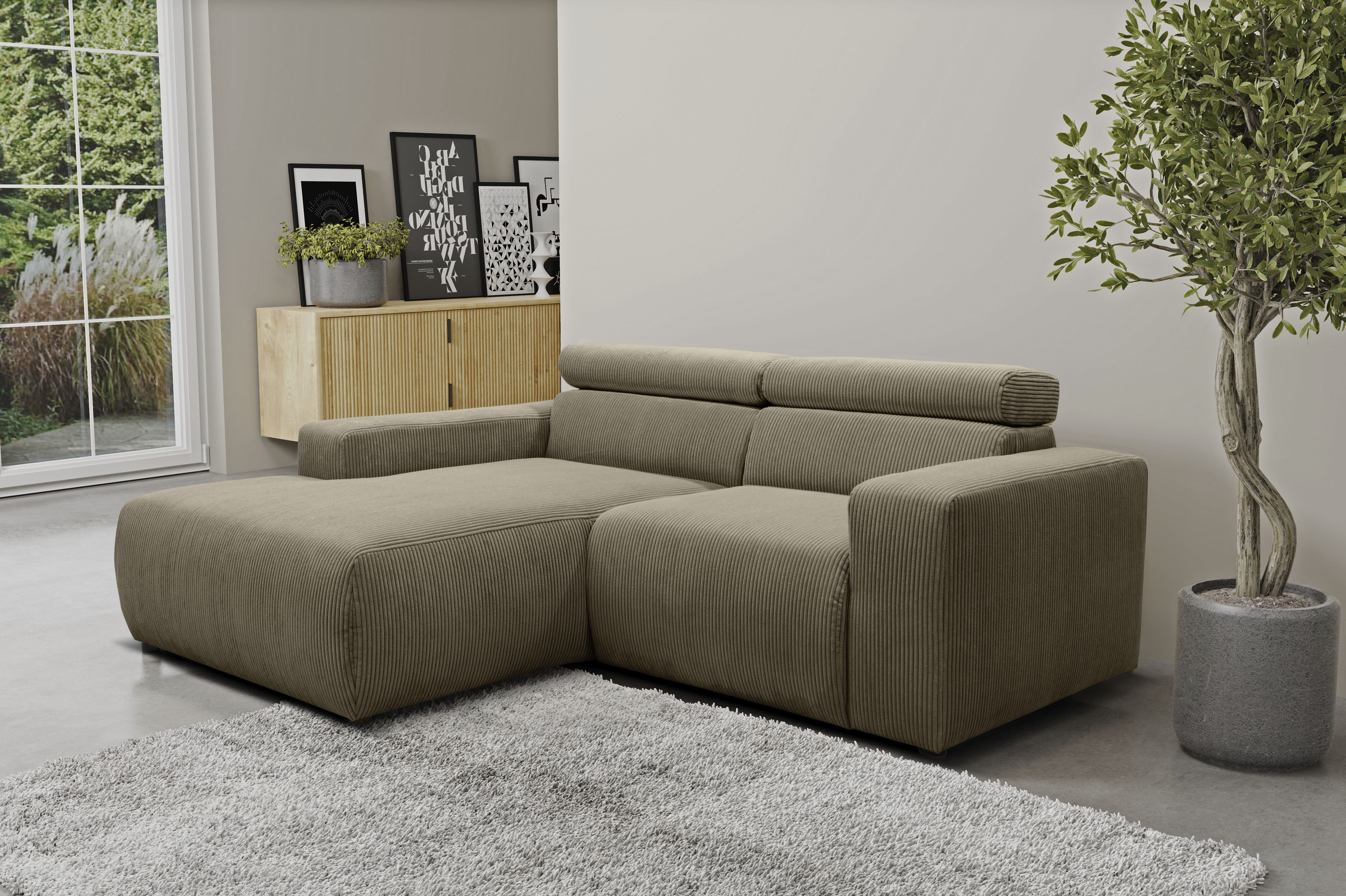 DOMO collection Ecksofa "BRANDON inkl. Kopfteilverstellung, 214x100x80 cm, L-Form" Cord, schlamm