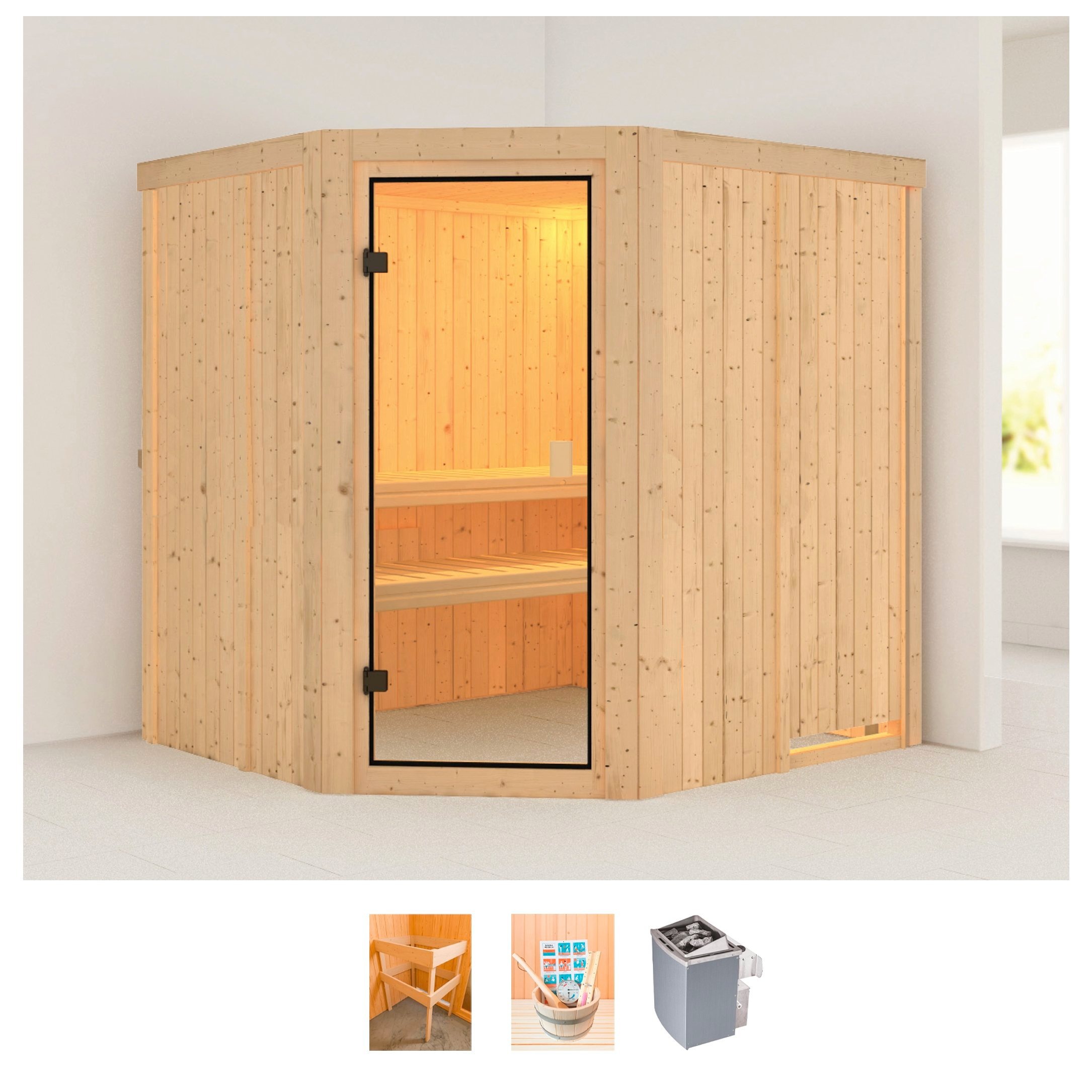 welltime Sauna »Heike«, (Set), 4,5-kW-Ofen mit integr. Steuerung, mit 6-tlg. Zubehörset kaufen