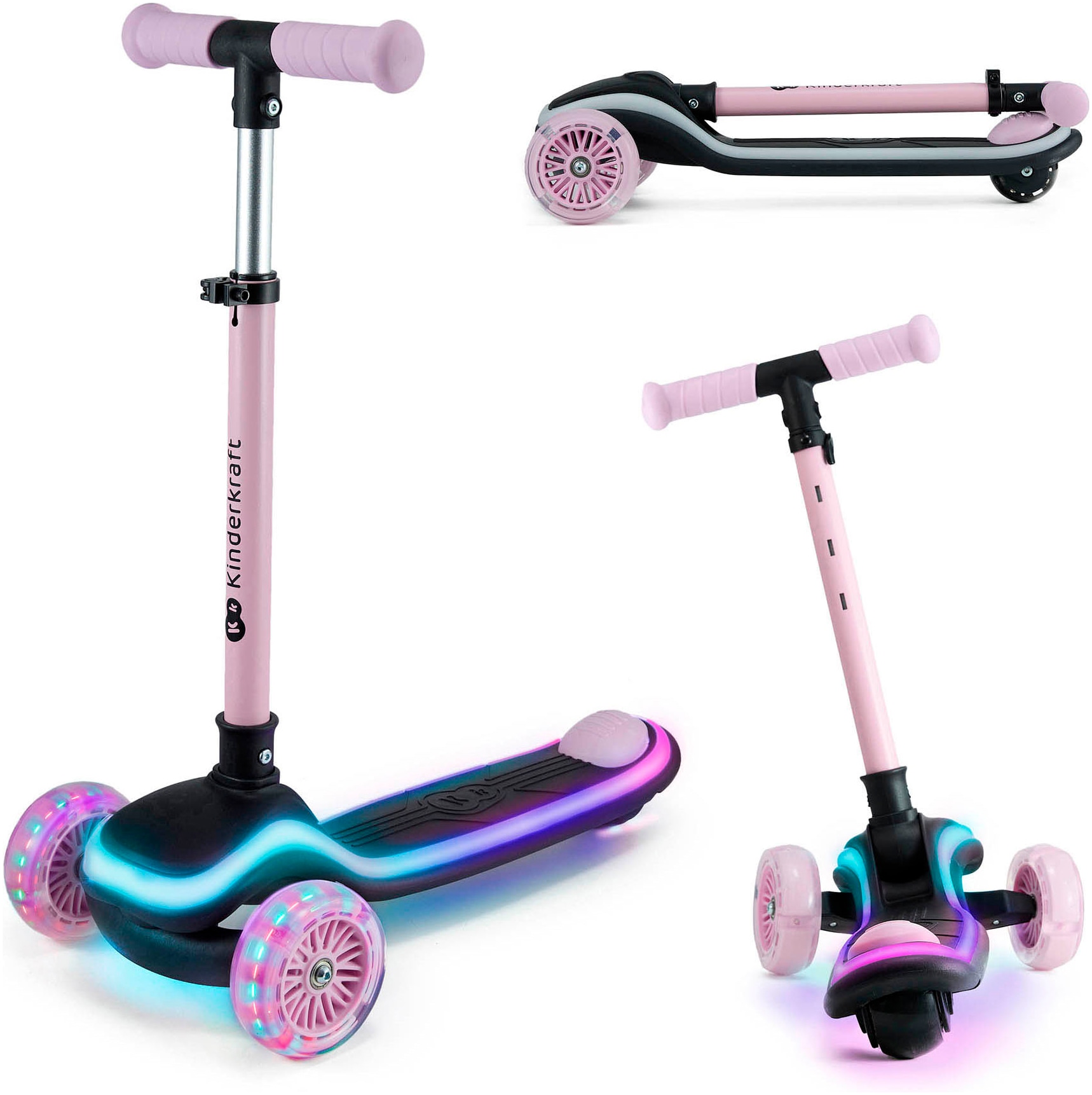 KINDERKRAFT Kinder Tretroller "RAKET", rosa, B:28cm, Roller, für Kinder; mit Bremse und leuchtenden Vorderrädern