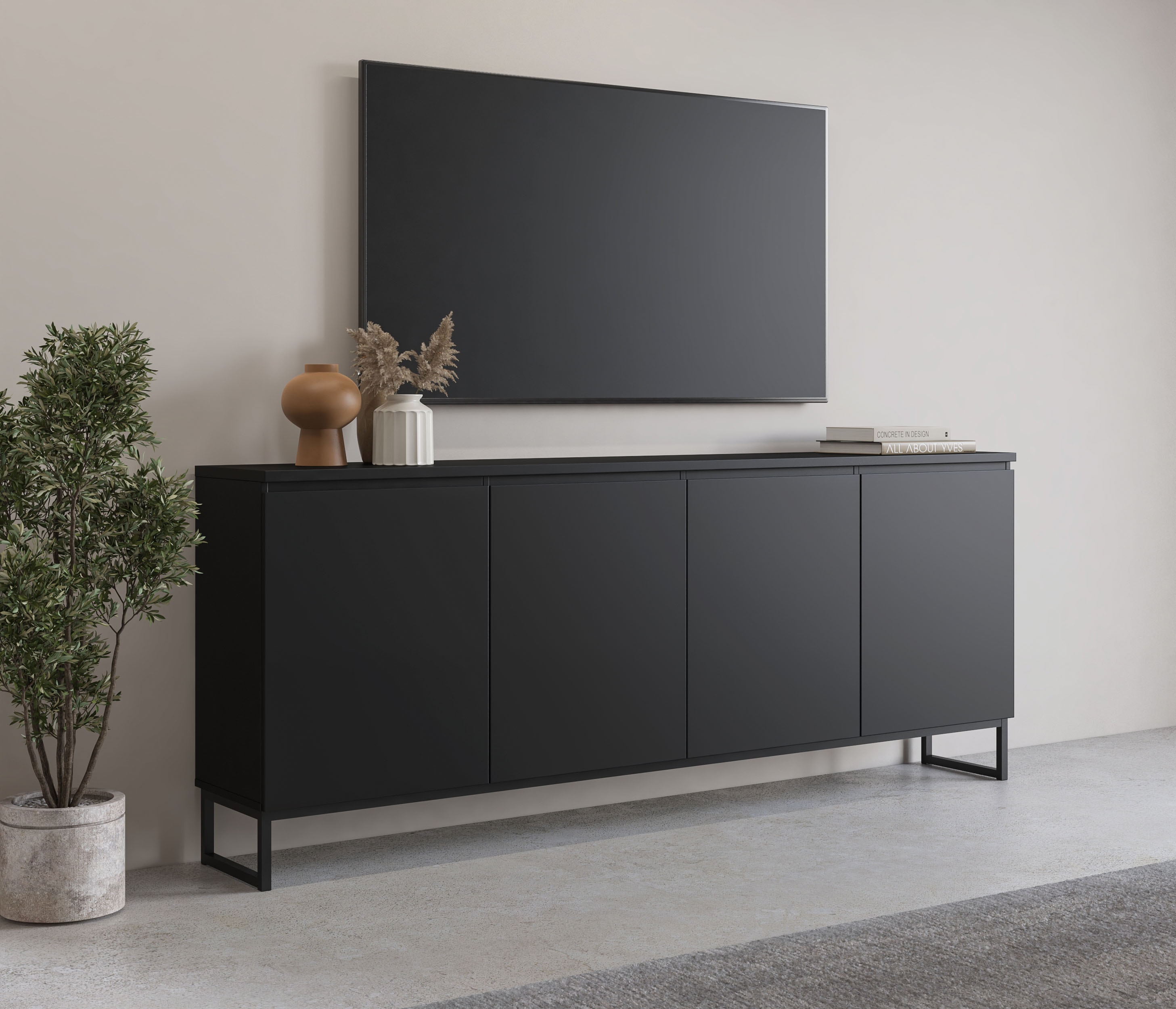 OTTO home Sideboard "Modo II, Breite 200 cm, moderne grifflose Kommode 4Türen" Anrichte mit viel Stauraum, Einlegeböden verstellbar, Metallkufen