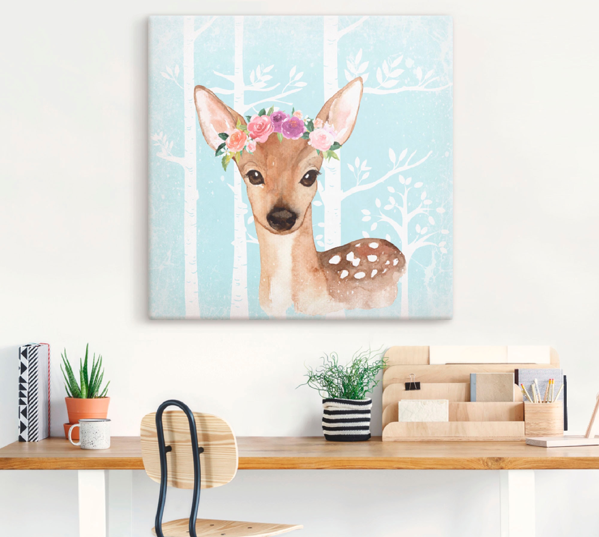 Artland Leinwandbild »Wild Reh mit Blumen im blauen Wald«, Tiere, (1 St.), auf Keilrahmen gespannt