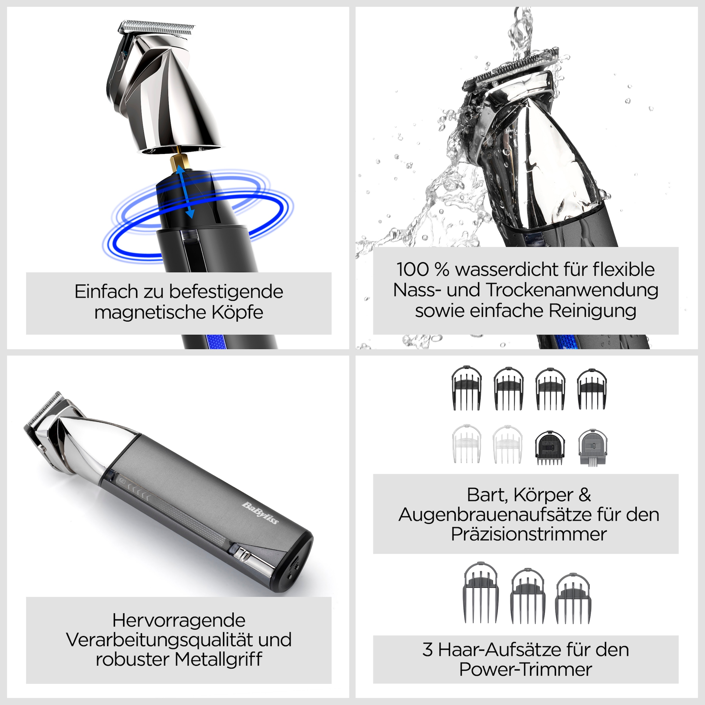 BaByliss Multifunktionstrimmer »BaByliss Super-X Metal 15-in-1 Multitrimmer für Bart & Körper, MT996E« 4 Aufsätze 15 Aufsätze und Kammführungen, USB-Ladestation, kabellos