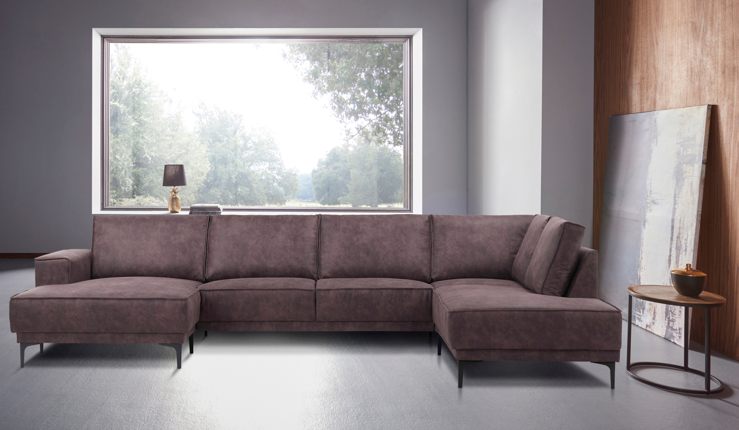 Places of Style Wohnlandschaft »XXL Sofa Oland, Struktur, Flachgewebe, Luxus-Microfaser, Boucle«, U-Form, 345 cm, Wellenunterfederung, Skandi-Design, Metallfüße