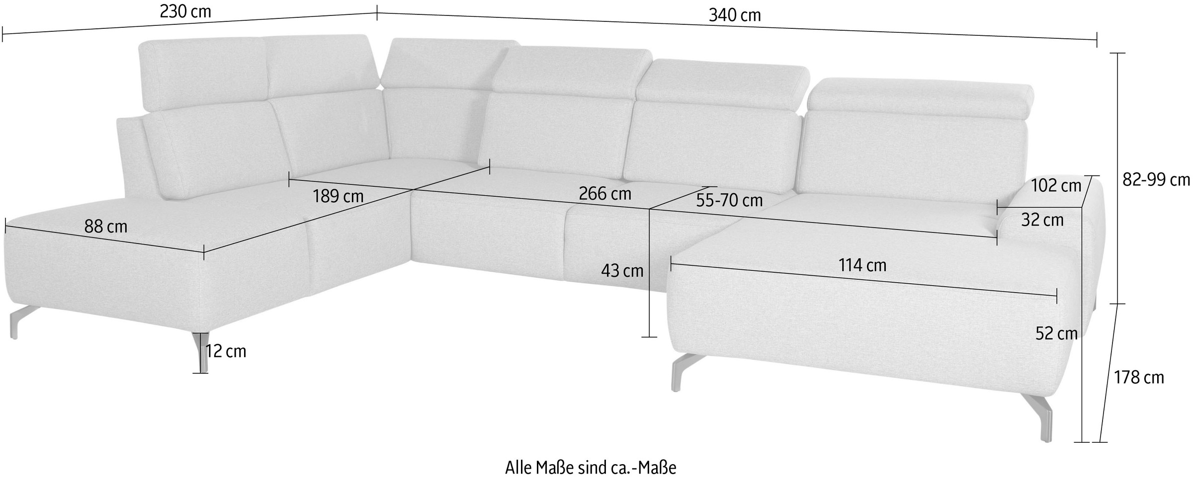 sit&more Wohnlandschaft »Gizeh U-Form«, 12 cm Fußhöhe, inklusive Sitztiefenverstellung und Kopfteilverstellung