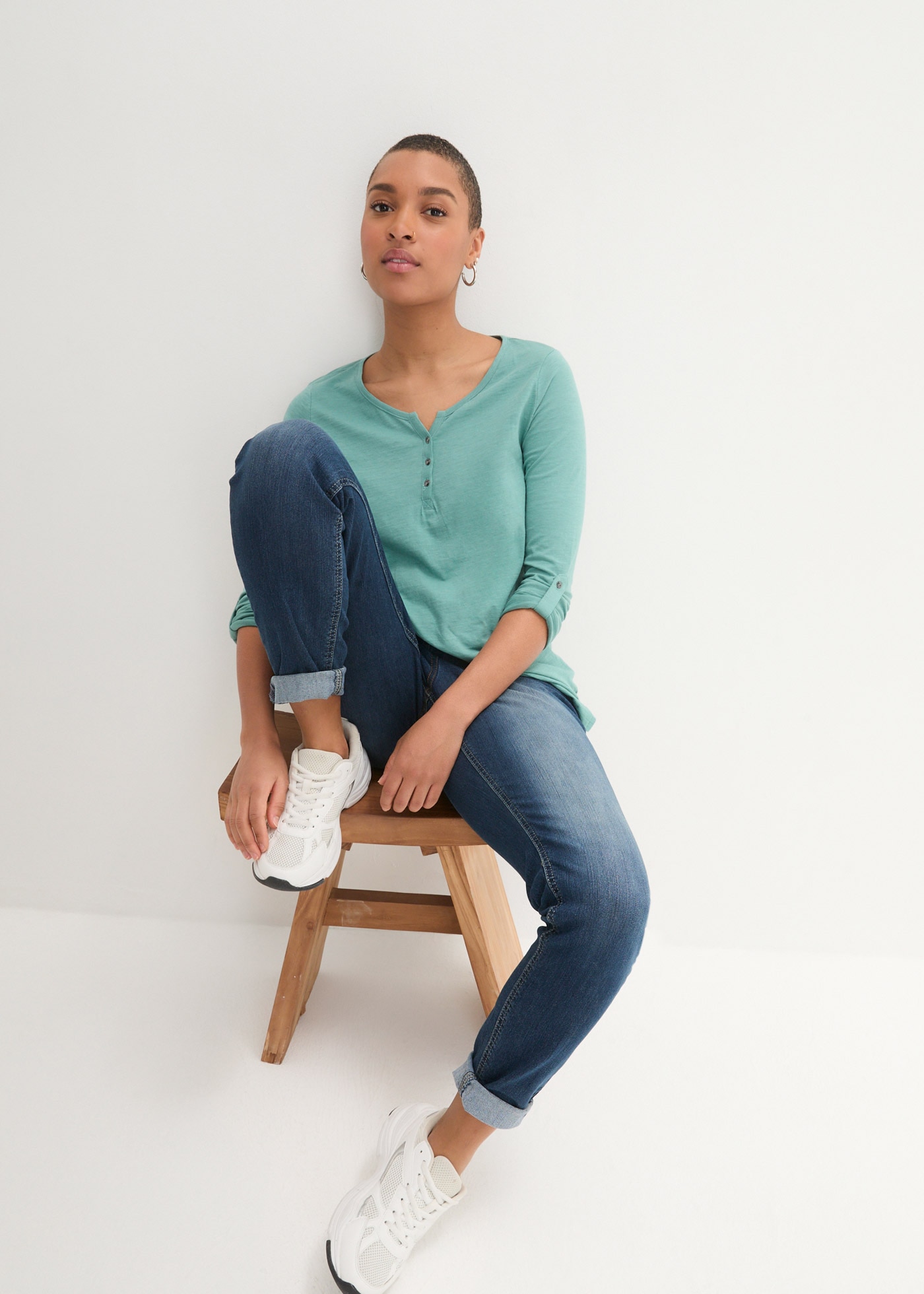 bonprix Langarmshirt 1 tlg. gerade Passform, verstellbare Ärmel, mit V-Ausschnitt