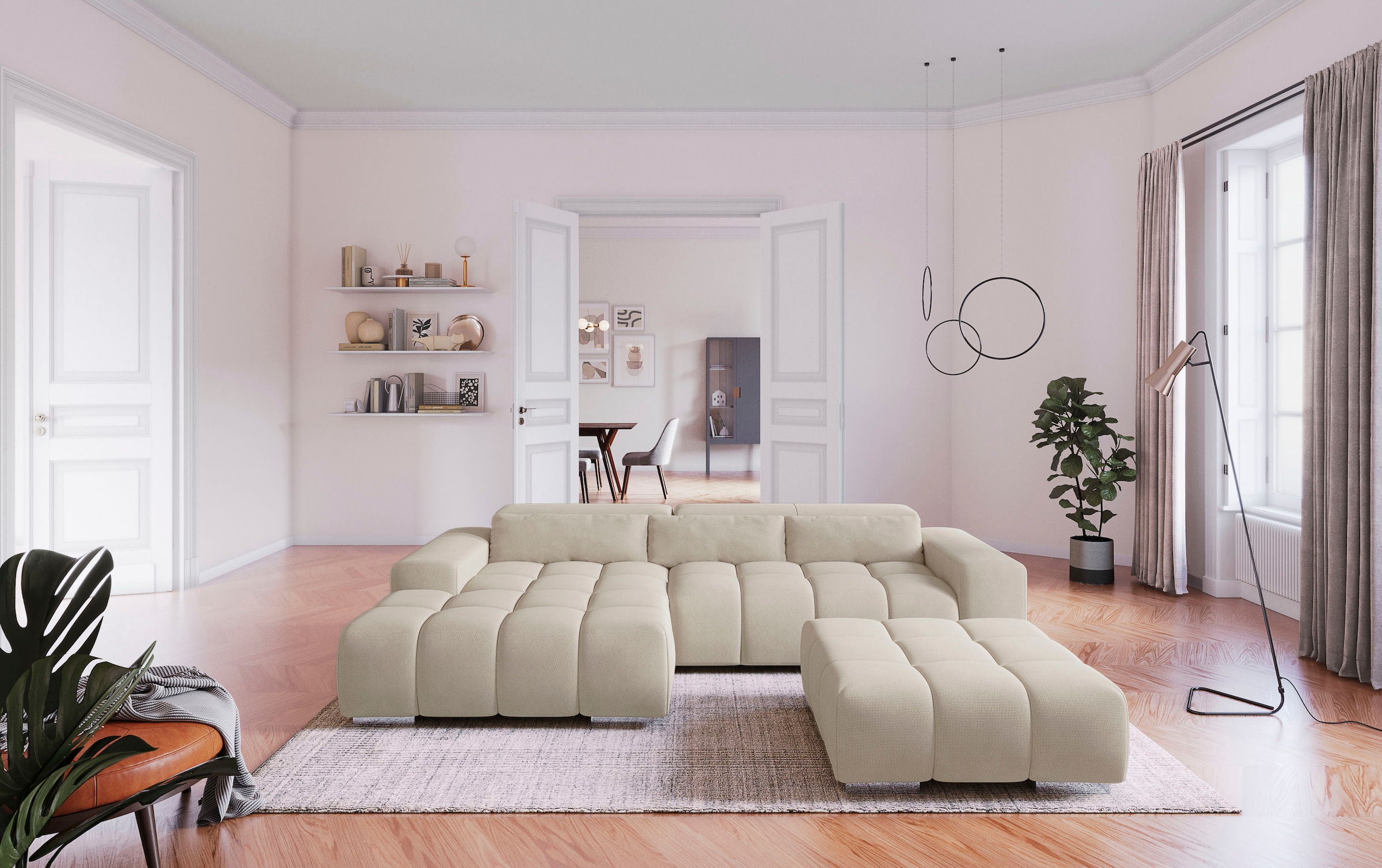 COTTA Ecksofa "Orion L-Form, B: 307 cm, moderne Steppung, bequeme Wellenunterfederung" 2x Kopfteilverstellung & 3 Nierenkissen