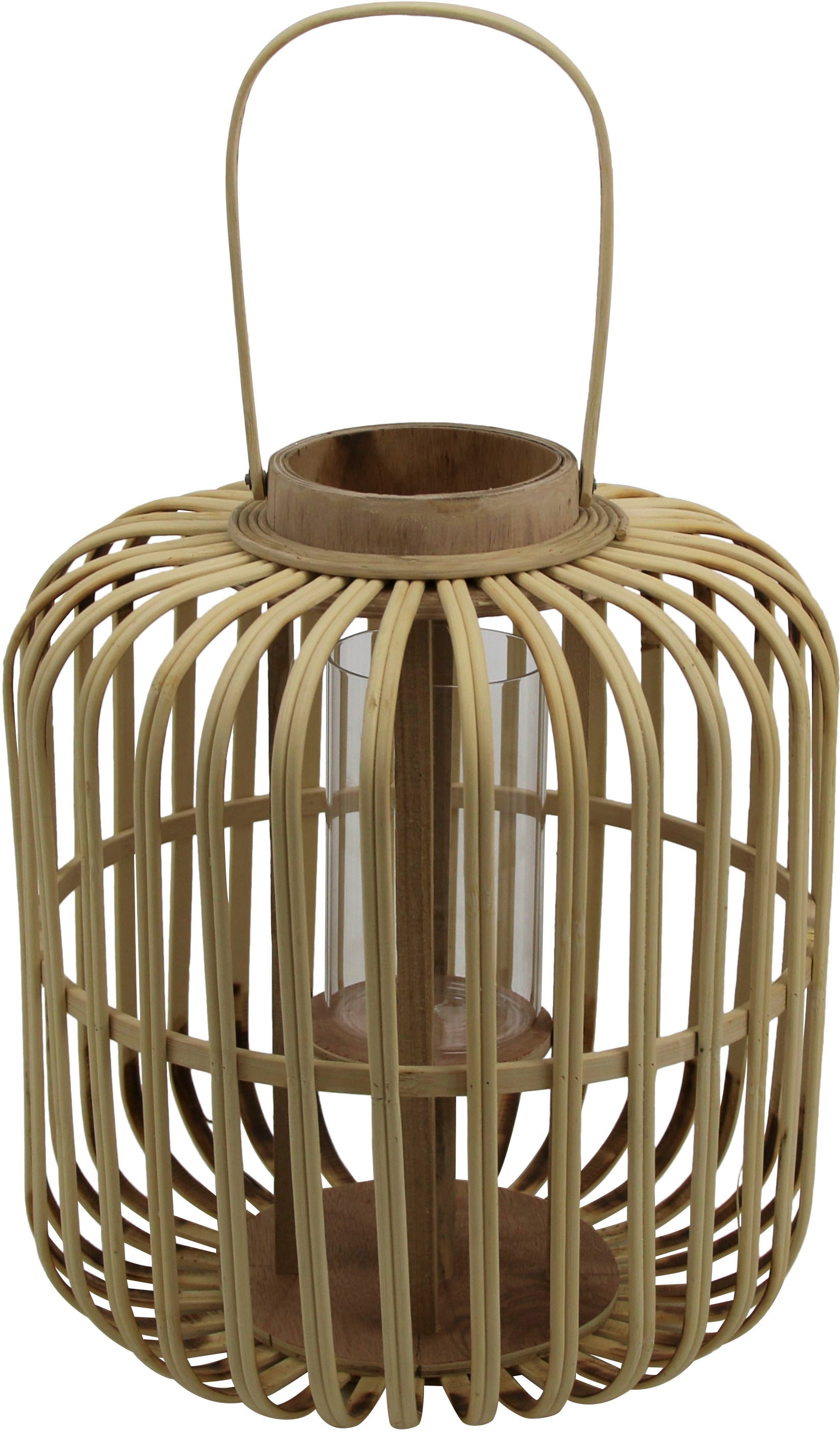 AM Design Kerzenlaterne "Kerzenhalter mit Henkel, Laterne aus Bambus und Glas" Hängewindlicht, Teelichthalter