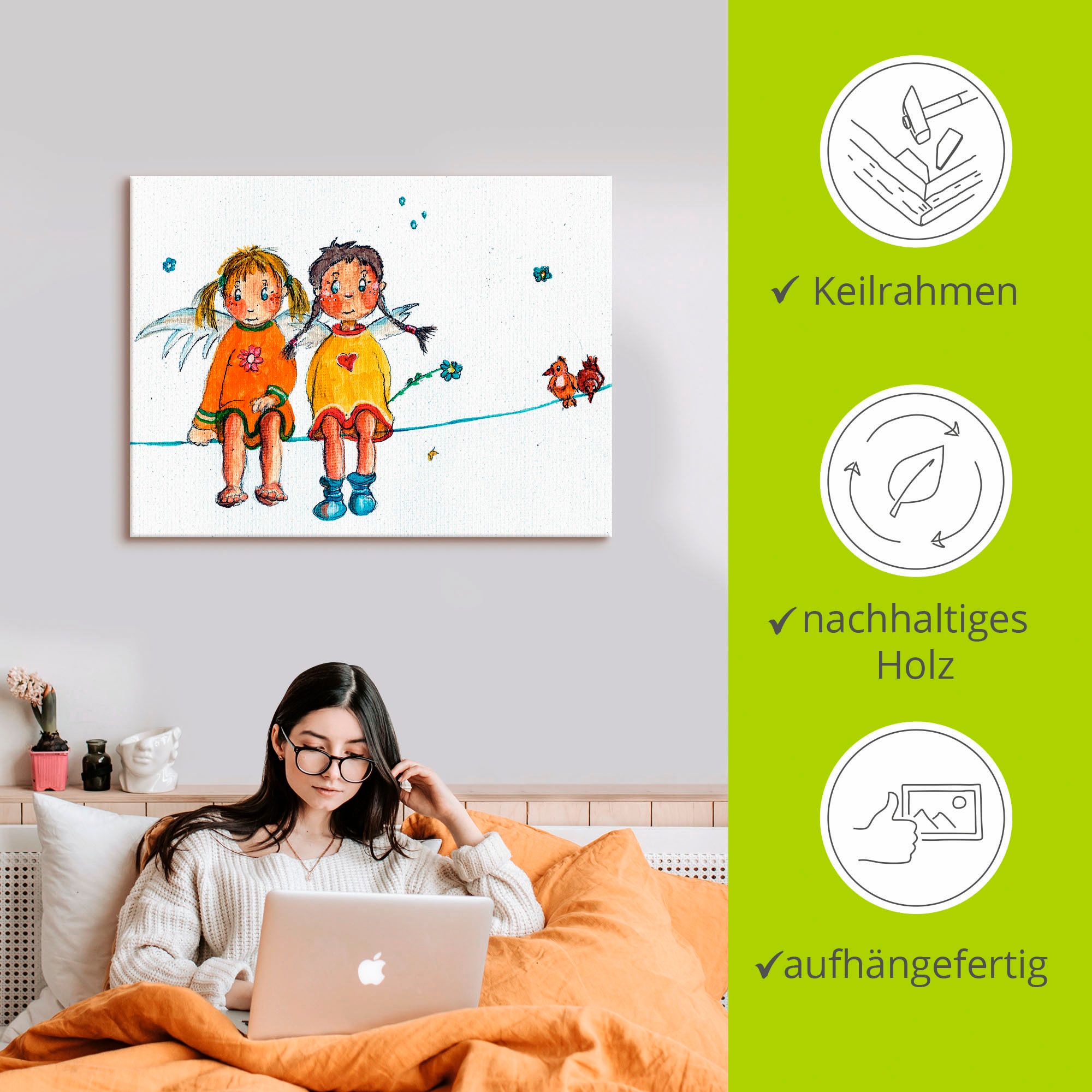 Artland Wandbild »Zwei Engelchen sitzen auf Wäscheleine«, Kinder, (1 St.), als Leinwandbild, Wandaufkleber in verschied. Größen