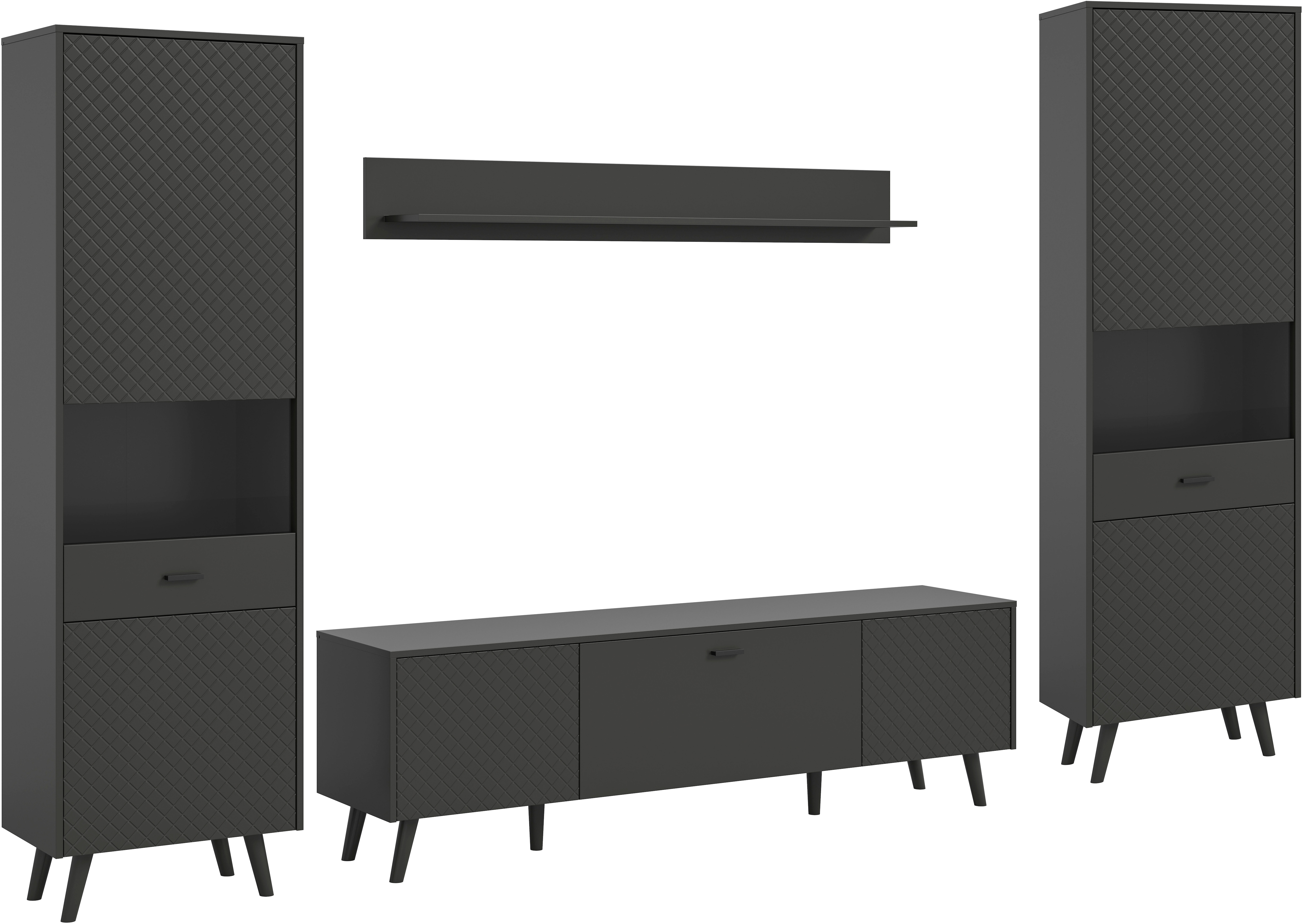 Home affaire Wohnwand "RHOMBUS, hochwertige MDF-Front mit Karo-Optik" Set, Wohnkombination, Wohn-Kombi, Kombi, Wohnzimmer, 4 Stk. tlg.