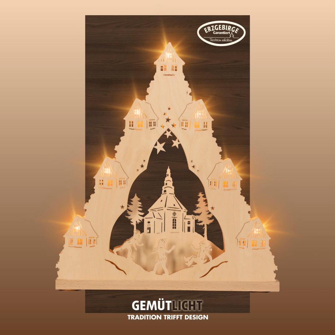 Weigla LED Schwibbogen »Seiffener Kirche, Lichterspitze aus Holz, NATUR«, Erzgebirge garantiert, Weihnachtsdeko Innen, Weihnachtsbeleuchtung