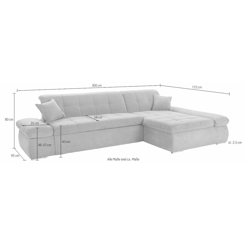 DOMO collection Ecksofa »NMoric XXL, B/T/H: 300/172/80cm, Revamierenabschluss L-Form«, wahlweise mit Bettfunktion und Armlehnverstel,lung