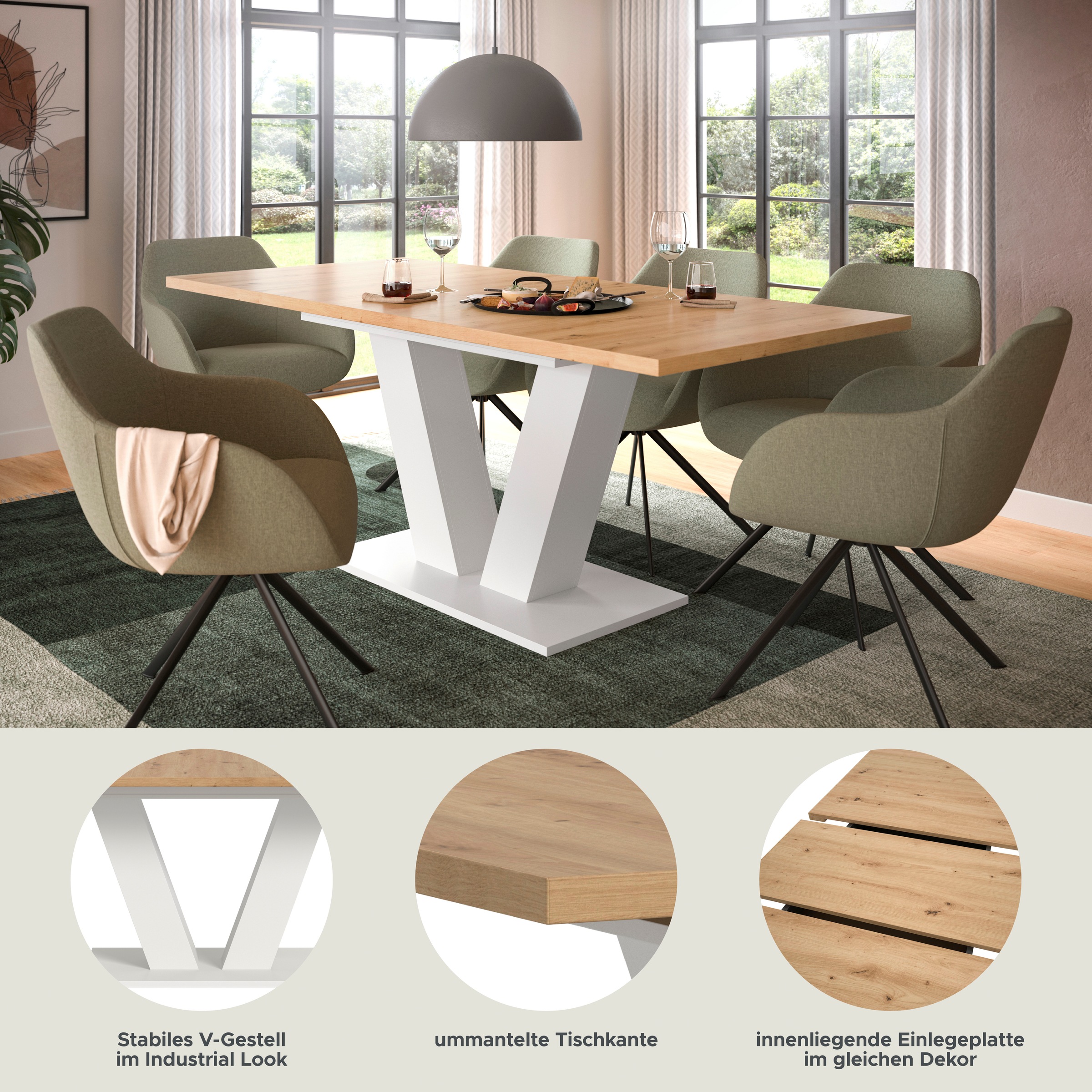 INOSIGN Esstisch »Motus, ausziehbar 150 -190 cm, inklusive 40 cm Einlegeplatte« Set, 1 Stk. tlg. V-Gestell mit Bodenplatte, Tisch, Küchentisch, Esszimmer, Küche