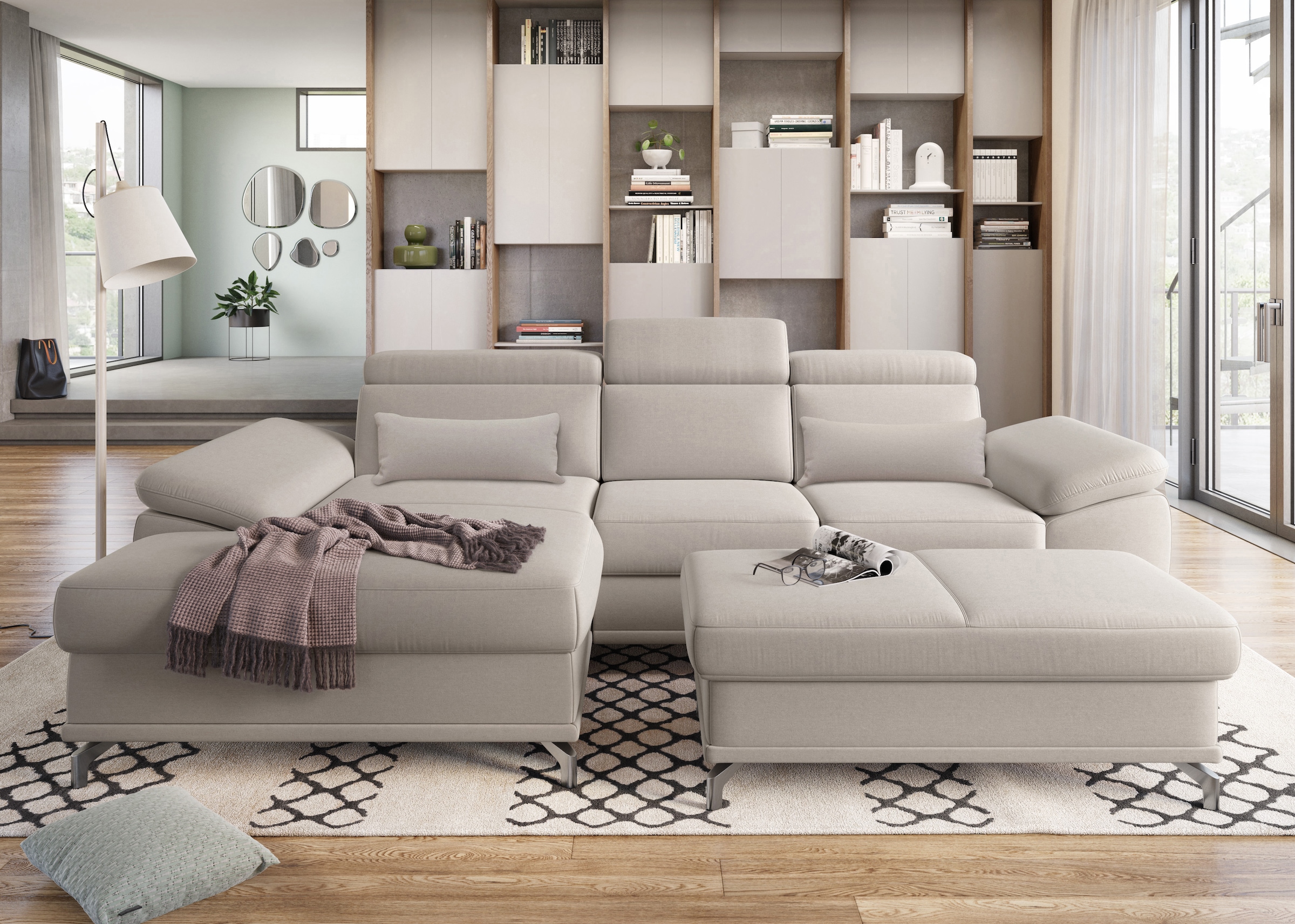 sit&more Ecksofa »Cabrio L-Form, mit Sitztiefenverstellung, Arm- und Kopfteilverstellung«, 2 Nierenkissen, Federkern, optional Bettfunktion und Stauraum