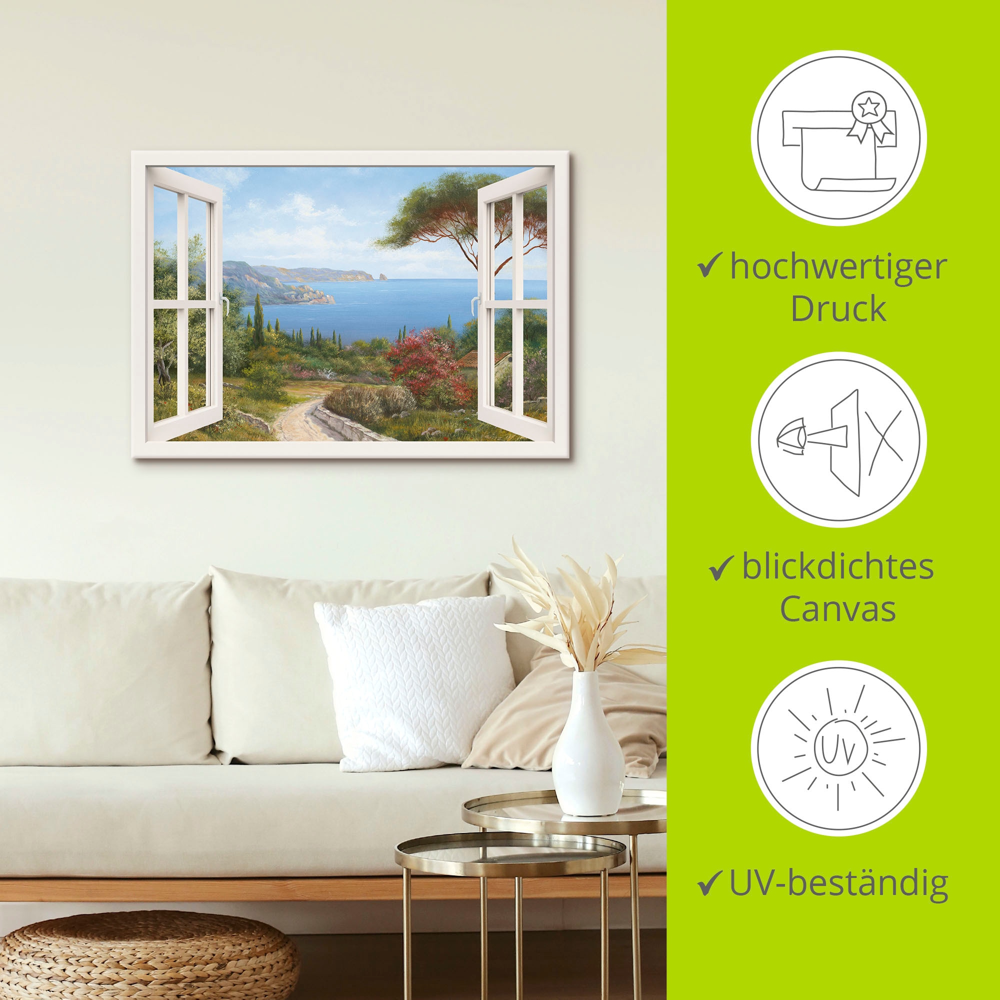 Artland Wandbild »Fensterblick - Haus am Meer I«, Fensterblick, (1 St.), als Leinwandbild, Poster, Wandaufkleber in verschied. Größen