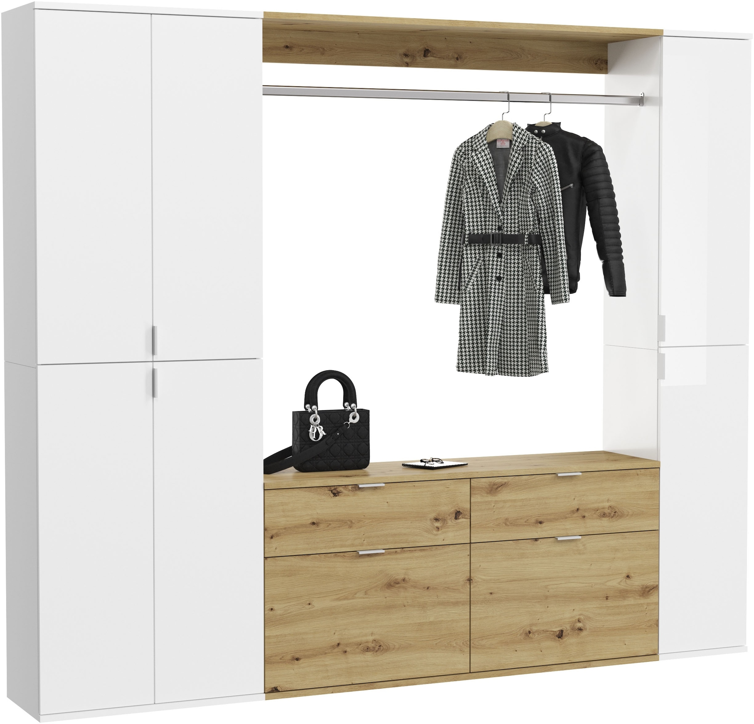INOSIGN Garderoben-Set »Trondheim, Breite 212 cm, 5-teilig, bestehend aus:«, (Set, 4 St.), 2x Garderobenschrank, 1 Kommode, 1 Garderobenstange, 1 Ablageboden