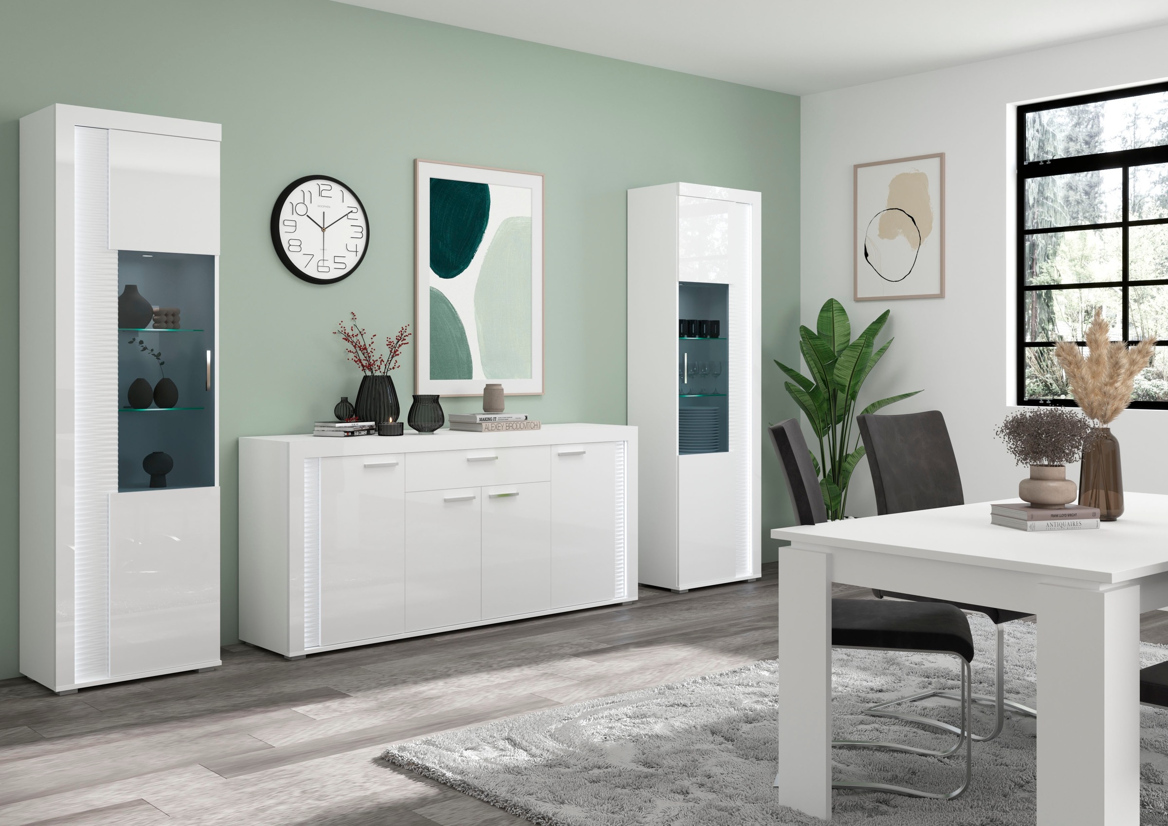 INOSIGN Wohnwand »Viborg, 3-teiliges Set, inkl. vertikaler Frontbeleuchtung, best. aus:«, (3 St.), 2x Vitrine und Sideboard, Wohnkombination, Wohnzimmer-Set, Esszimmer