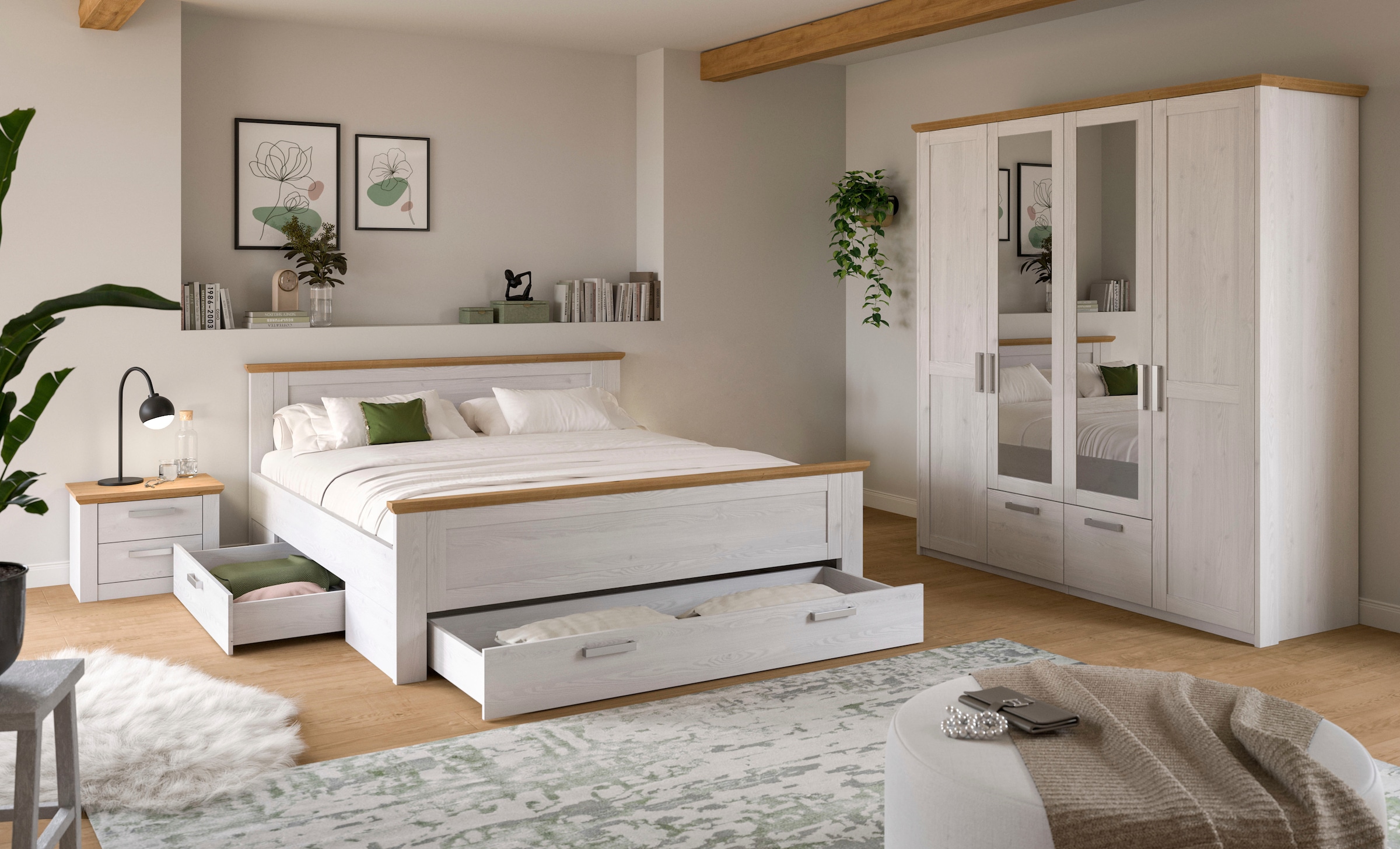 Home affaire Schlafzimmer-Set »COSENZA, TOPSELLER!, 3-teilig, Kleiderschrank, Bett & Nachttisch« Matratzengröße 180x200 cm, viel Stauraum, ohne Lattenrost & Matratze, 3 tlg. tlg. Schlafzimmer, Schlafen, Set, Kombination, Bettanlage