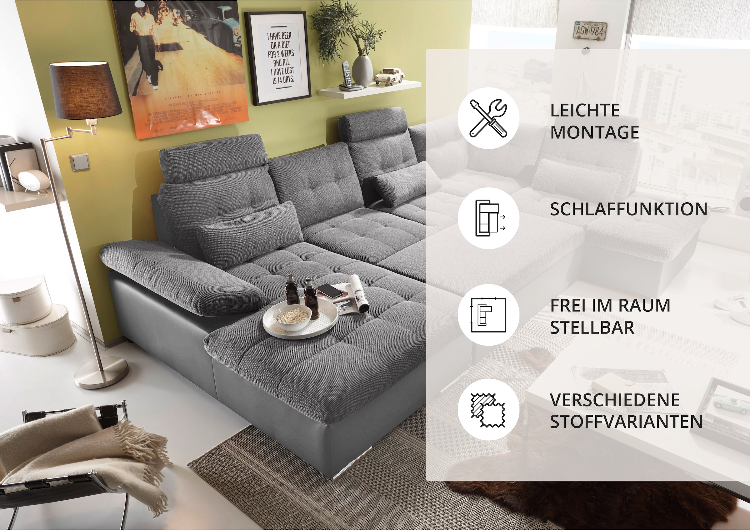 ED EXCITING DESIGN Wohnlandschaft »Jakarta U-Form mit Bettfunktion, Bettkasten« Armteilverstellung, Kopfstützen & 3 Nierenkissen