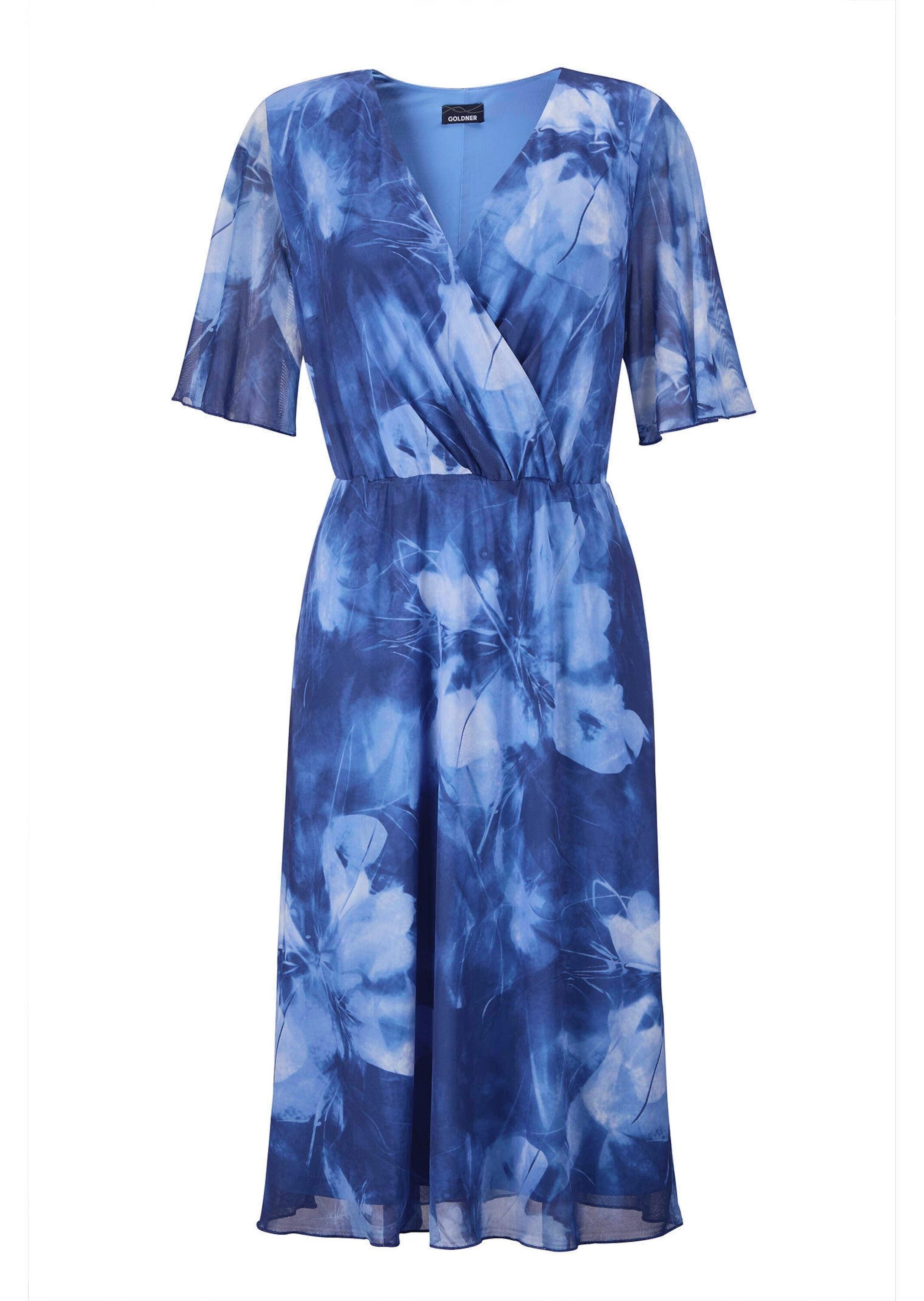 GOLDNER "Kurzgröße Wickelkleid mit Blütenprint in Blau, tailliert" Wickeloptik