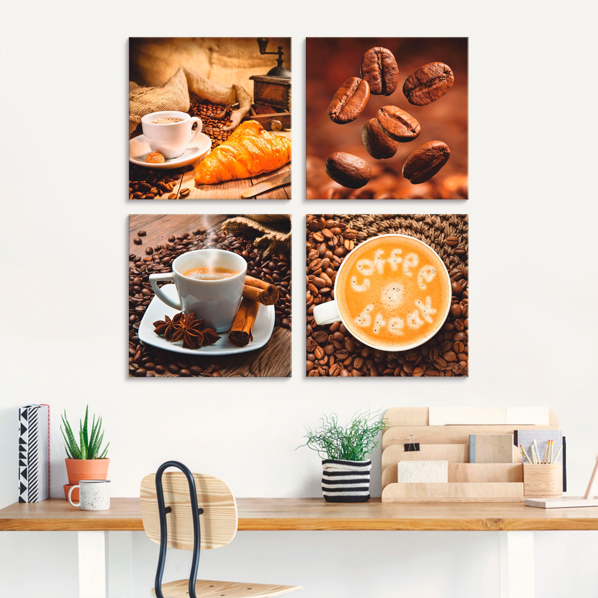 Artland Glasbild "Kaffeetasse Croissant Kaffeebohnen", Getränke, (4 St.), i günstig online kaufen