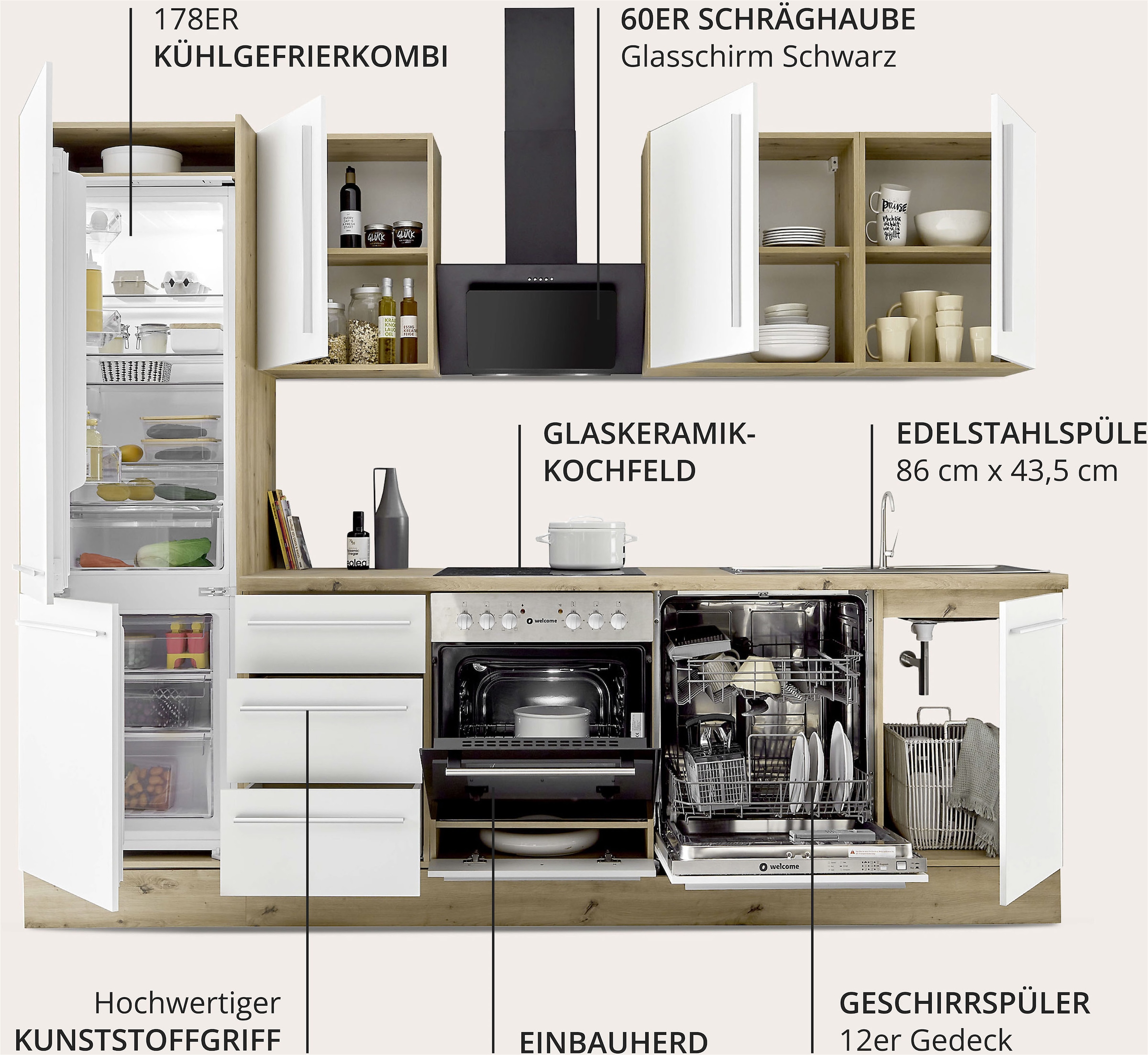 KOCHSTATION Küchenzeile »KS-Florida mit 38mm starker Arbeitsplatte«, Breite 280 cm, wahlweise mit E-Geräten, Soft-Close-Funktion