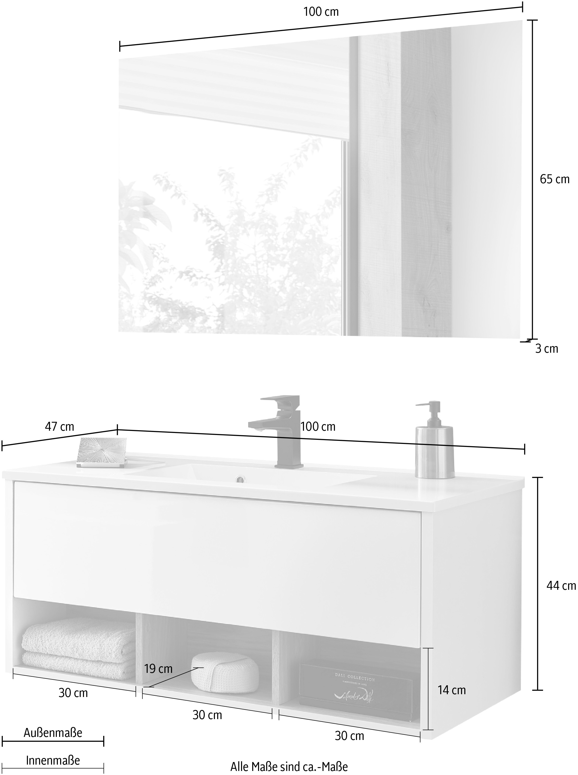 Places of Style Badmöbel-Set »Studio Line, Bad im modernen Design, 2-teiliges Badezimmer«, (2 St.), Waschtisch und Spiegel, in zwei Farben verfügbar, viel Stauraum