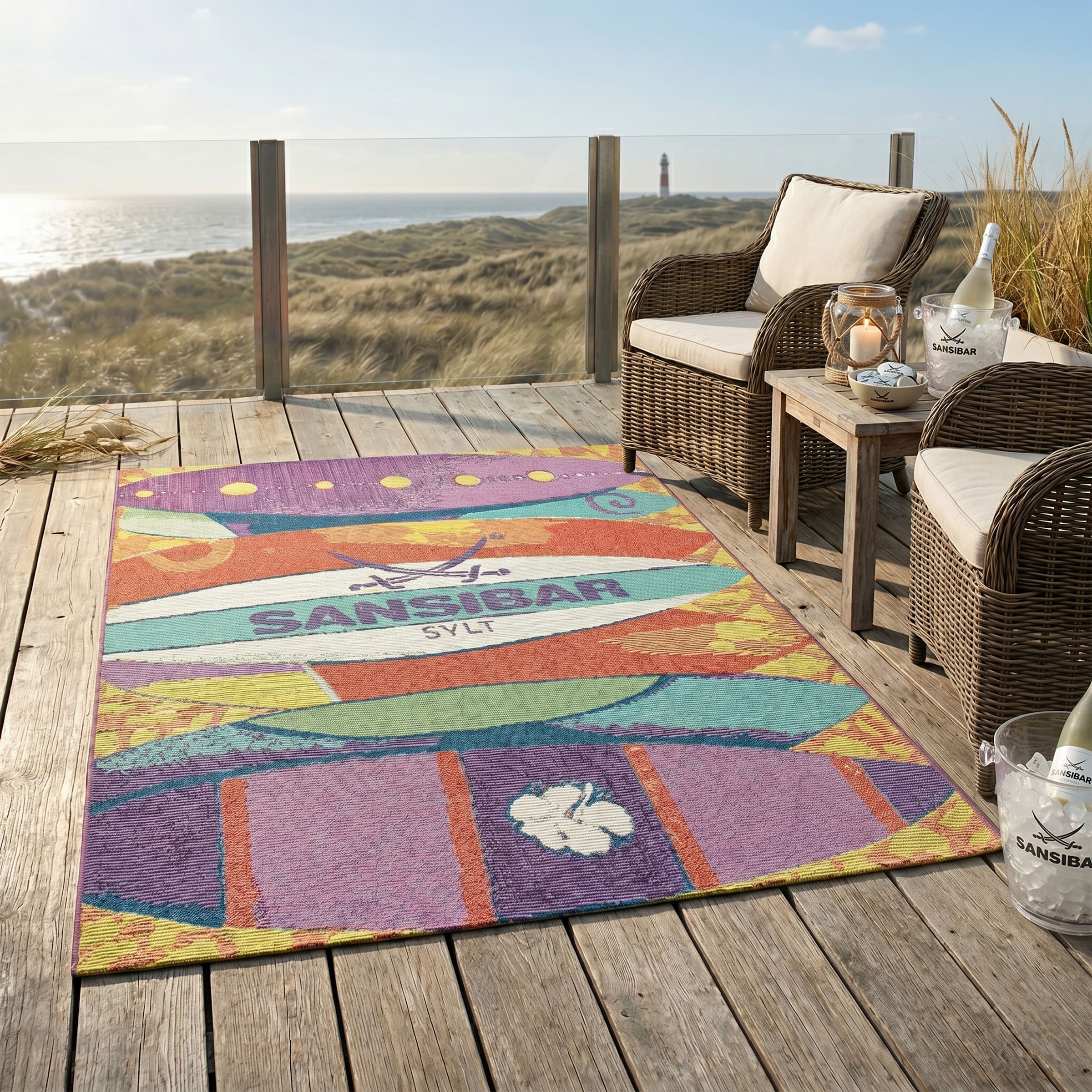 Sansibar Teppich "Rantum Beach SA-020" rechteckig 5 mm Höhe Flachgewebe, modernes Design, Surfboards, In- und Outdoor geeignet