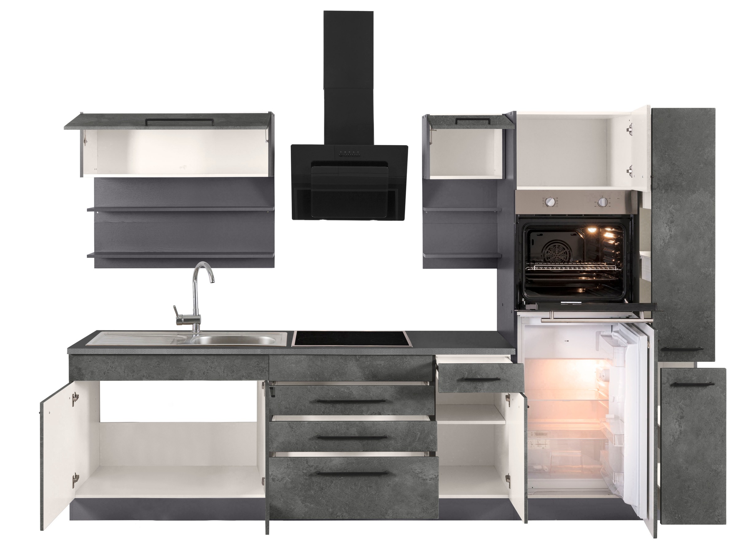 KOCHSTATION Küchenzeile »KS-Tulsa«, ohne E-Geräte, Breite 290 cm, schwarze Metallgriffe, MDF Fronten