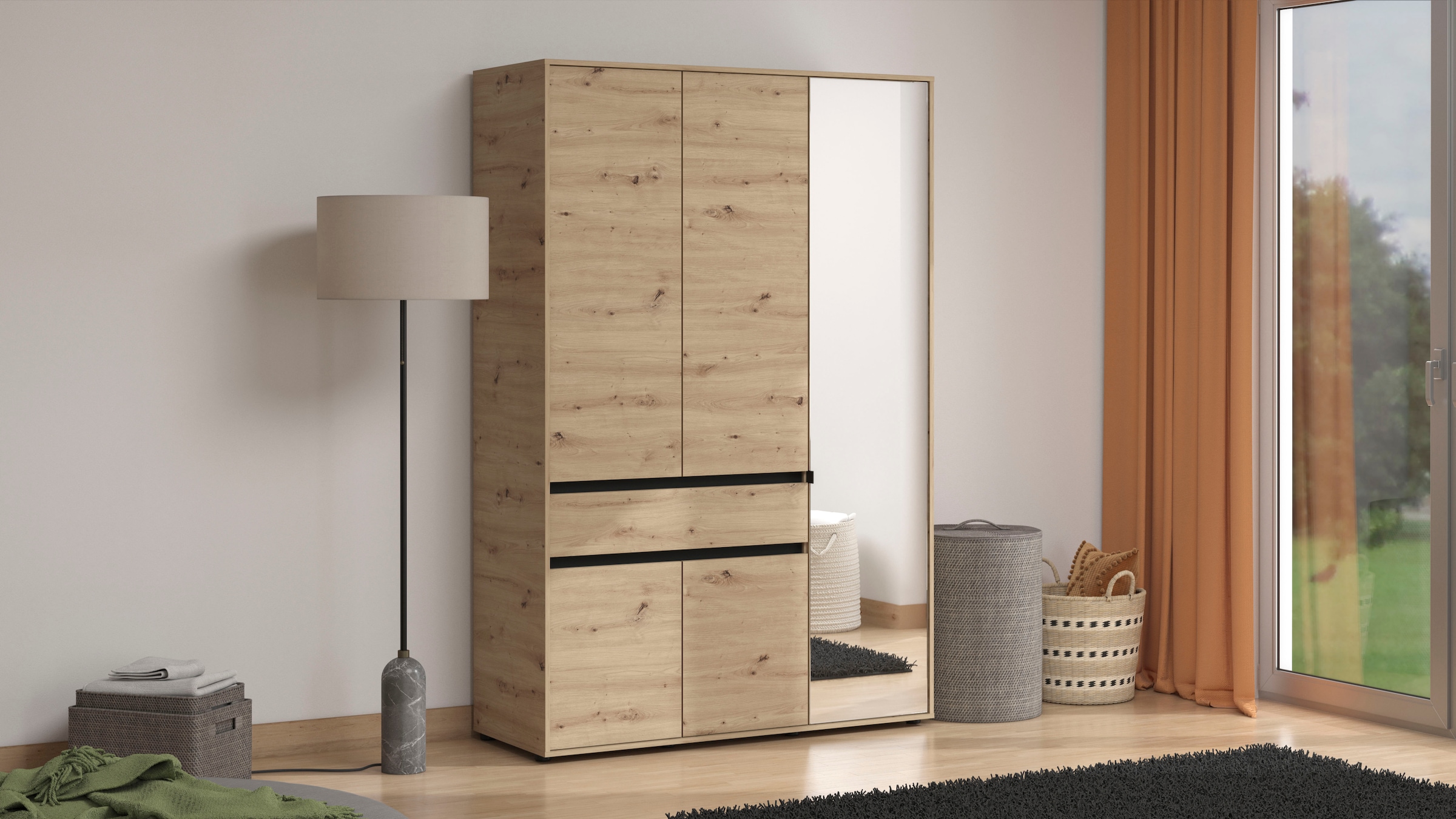 Home affaire Kleiderschrank "Corbett, grifflose Optik, FSC-zertifziert, Made in Europe" 138 oder 182,5cm breit, 211cm hoch und 54,5cm tief, mit Spiegel, 1 Schublade und Innenausstattung