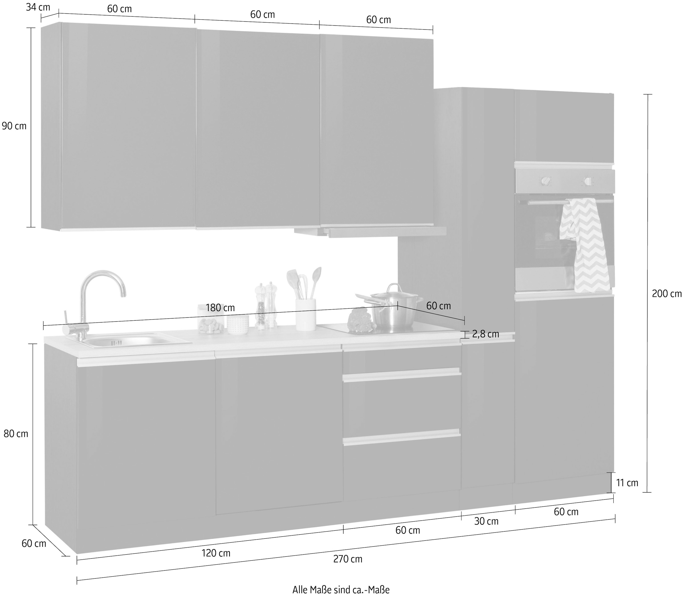 KOCHSTATION Küchenzeile »KS-Ohio«, mit E-Geräten, Breite 270 cm