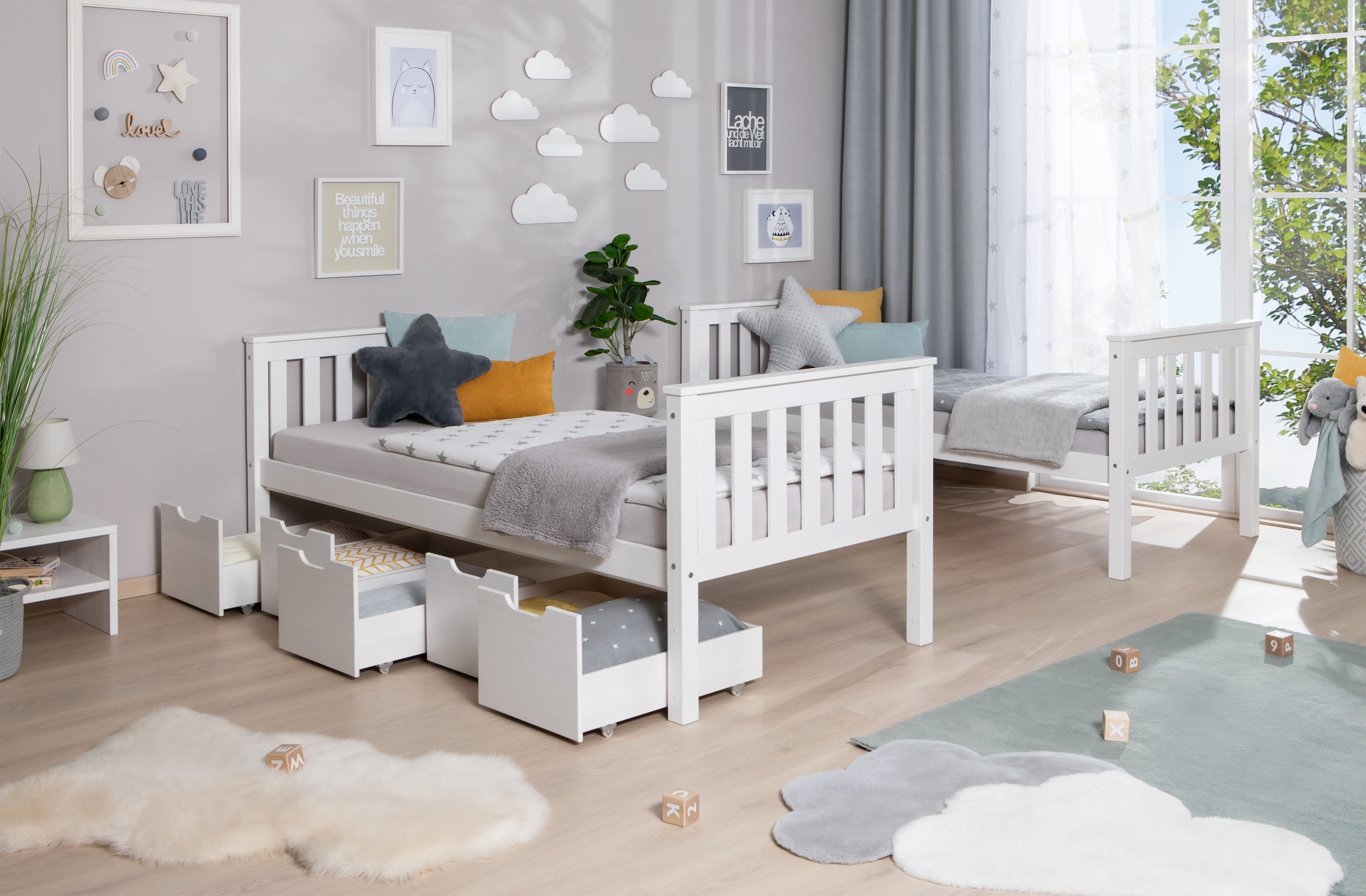 Ticaa Etagenbett »Sammy«, (90x200cm), mit Stauraum, umbaubar zu 2 Einzelbetten, Rollrost, Massivholz
